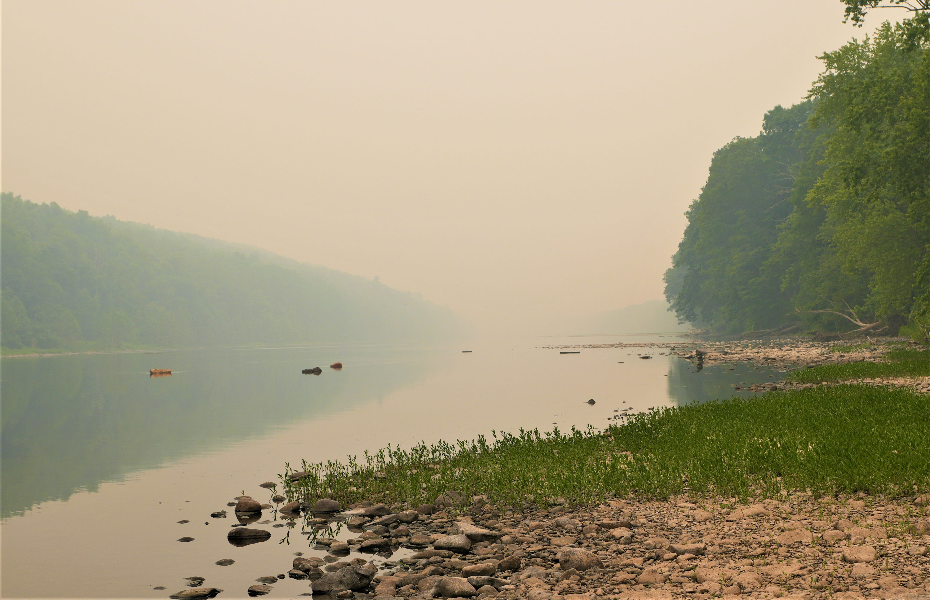 This is not a foggy morning on the Delaware River, but the smoke from Canadian wildfires which has blanketed the eastern U.S. This part of the river is just south of the Dingman's Bridge shot from the Pennsylvania shore.