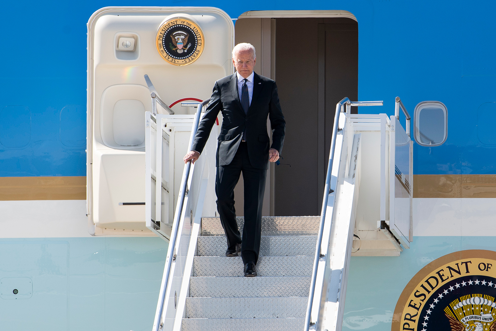 US President Joe Biden disembarks from Air Force One after arriving in Geneva, one day prior to the US - Russia summit on June 15, in Geneva, Switzerland.