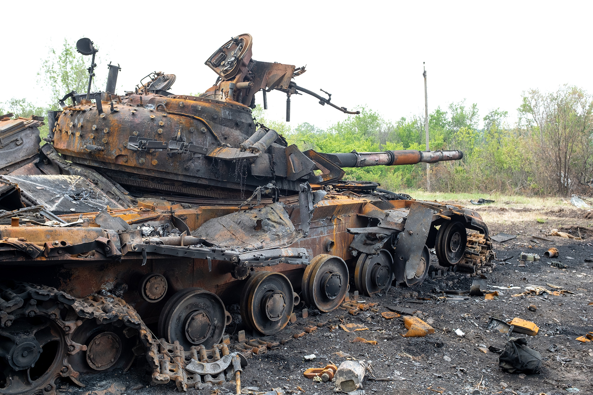 Russian armored vehicles littered in Bilohorivka, Ukraine, on Tuesday, May 17.