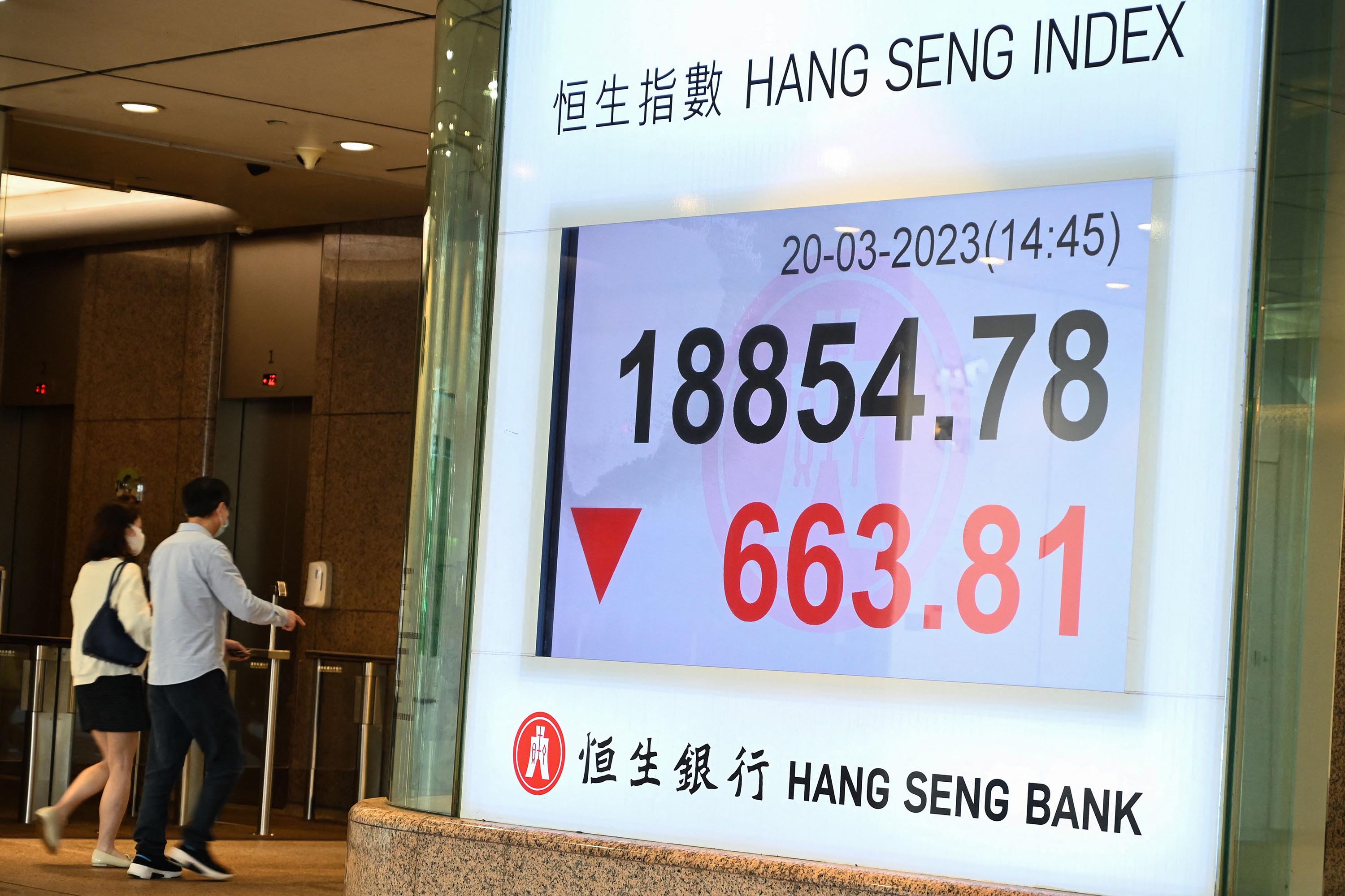 People walk past a sign showing numbers for the Hang Seng Index in Hong Kong on Monday, March 20. 