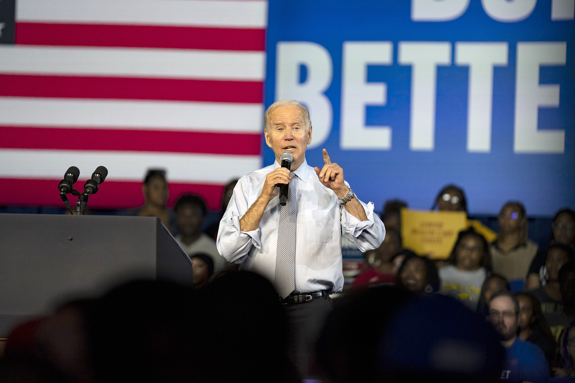 President Joe Biden speaks at a Maryland Democratic Party Get Out the Vote Rally for gubernatorial candidate Wes Moore at Bowie State University in Bowie, Maryland, on November 8.