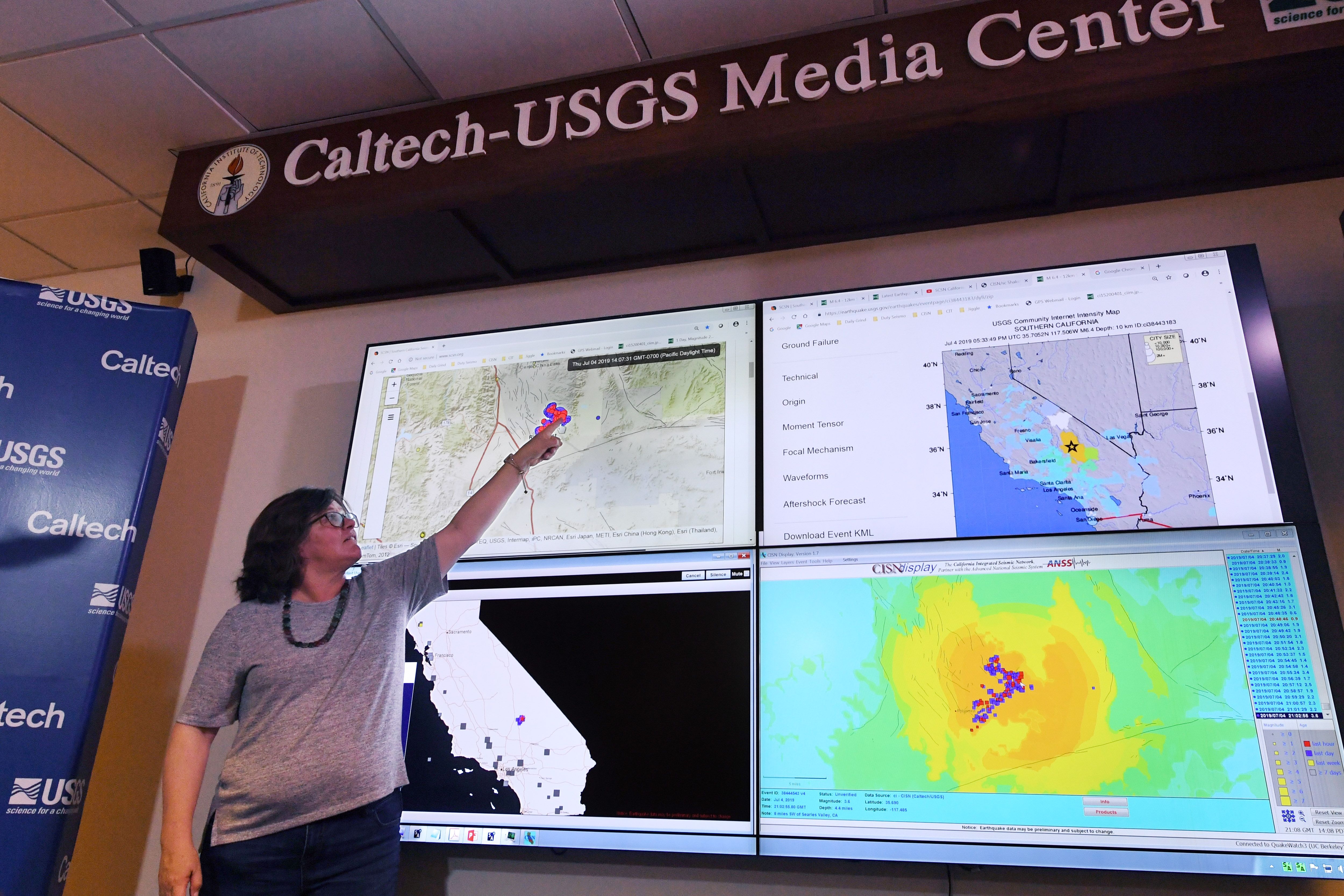 Seismologist Lucy Jones speaks at a media briefing at the Caltech Seismological Laboratory in Pasadena, California.