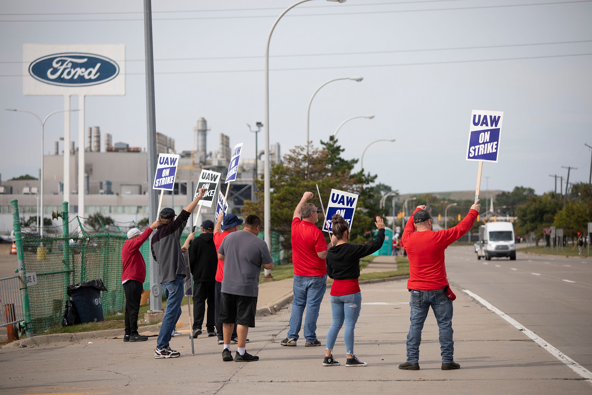 United Auto Workers members strike at the Ford Michigan Assembly Plant on September 16, in Wayne, Michigan.