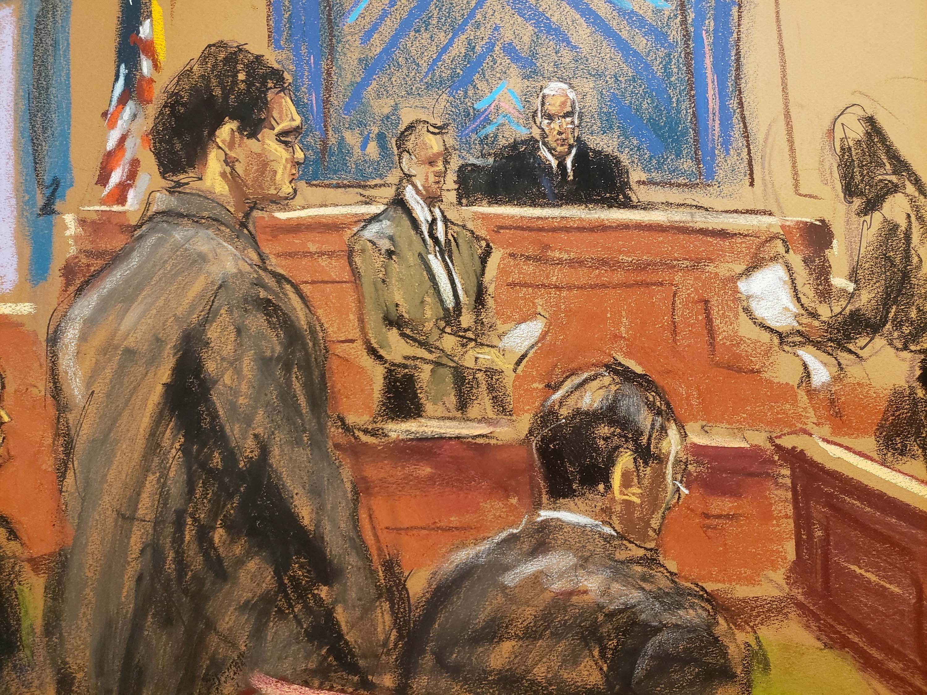 FTX founder Sam Bankman-Fried stands as the jury foreperson reads the verdict in his fraud trial over the collapse of the bankrupt cryptocurrency exchange at federal court in New York City, on November 2, in this courtroom sketch.