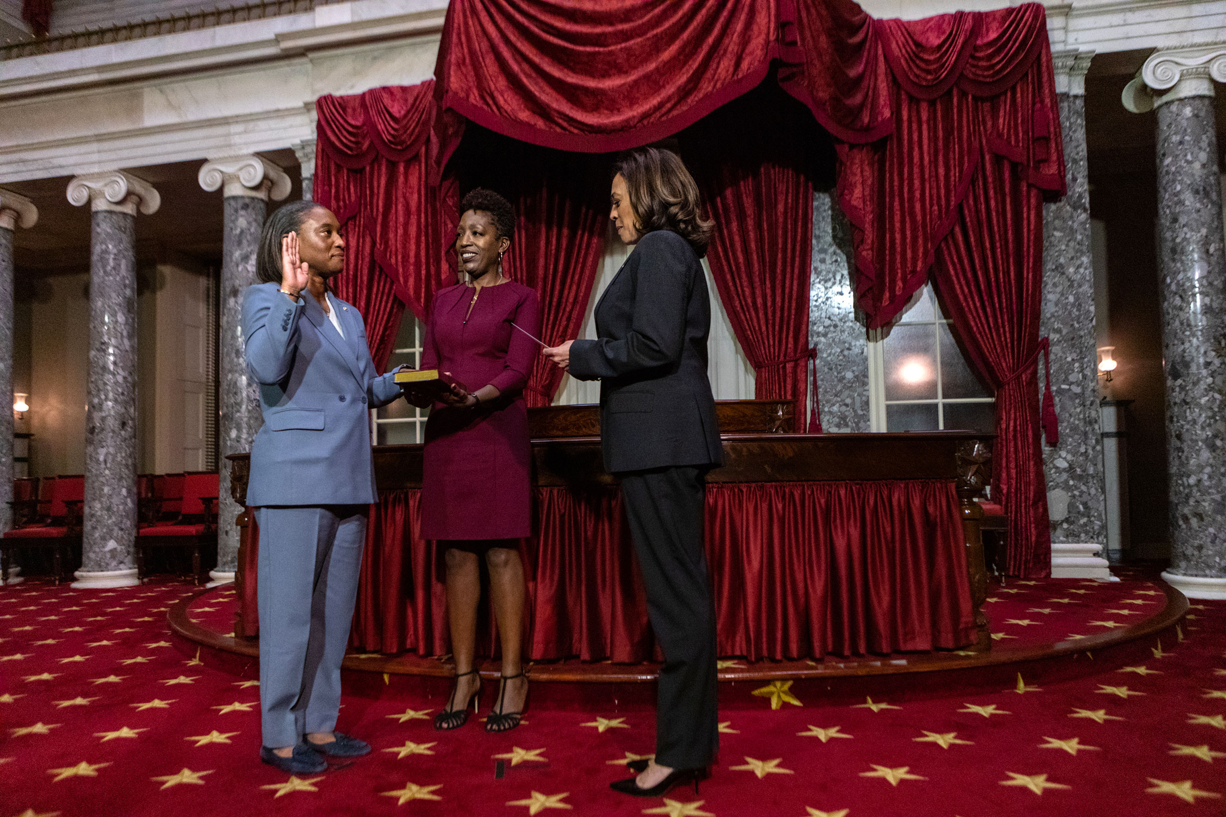 Sen. Laphonza Butler is sworn in by Vice President Kamala Harris in the Old Senate Chamber at the Capitol on October 3. 