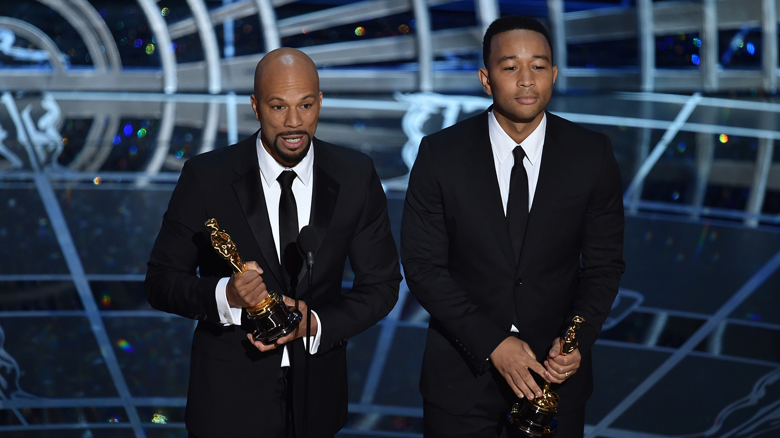 Common and John Legend accept the Best Original Song Award for "Glory" from "Selma" onstage during the 87th Annual Academy Awards in 2015.