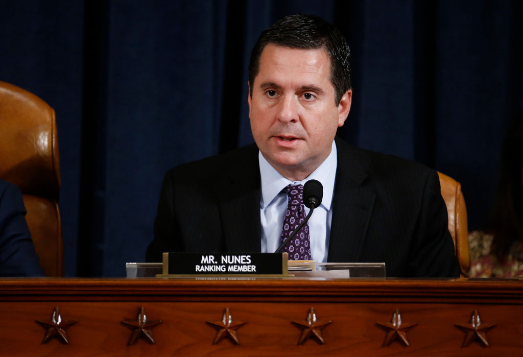 Representative Devin Nunes, a Republican from California and ranking member of the House Intelligence Committee, speaks during a House Intelligence Committee hearing as part of the impeachment inquiry 