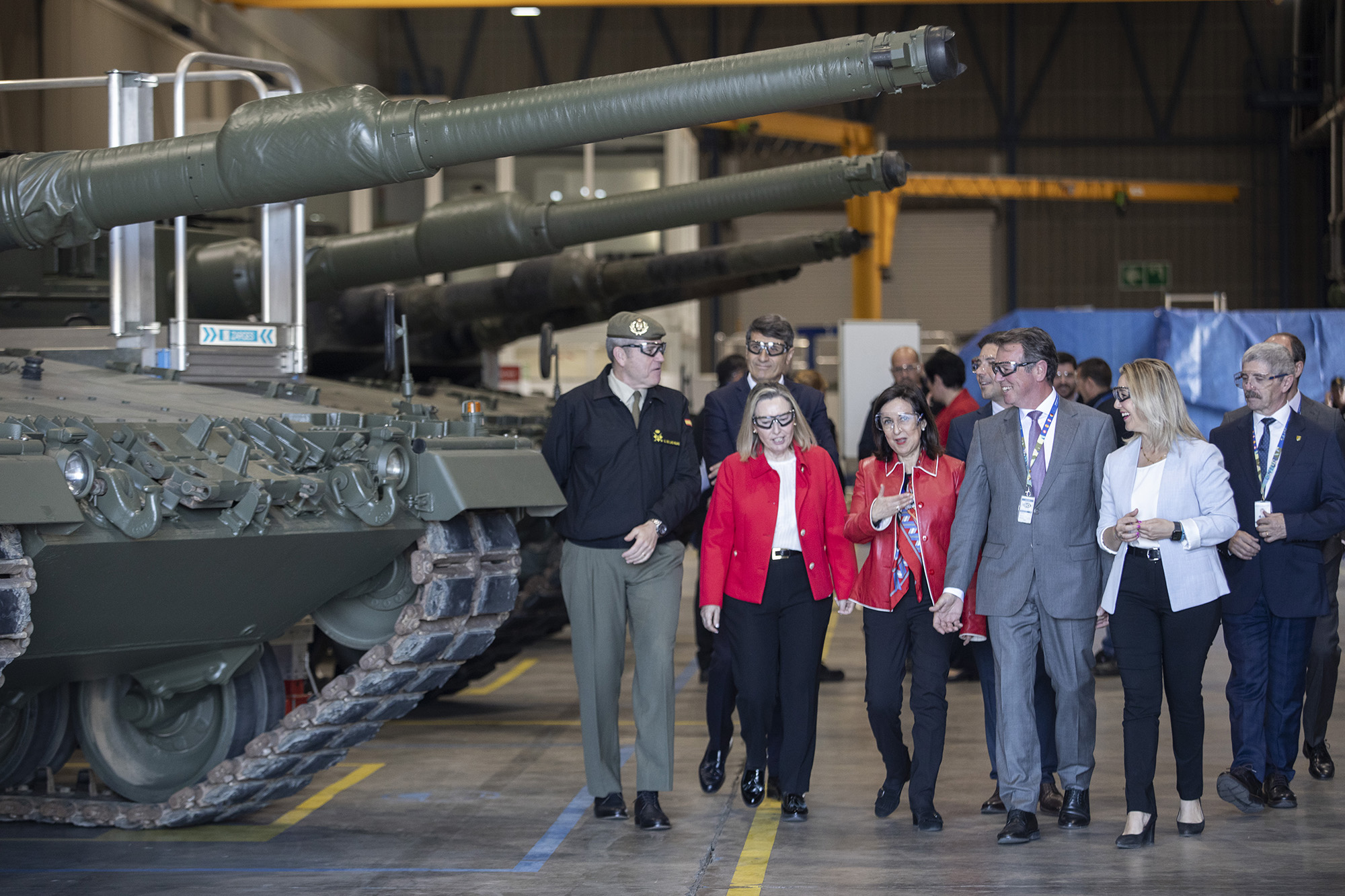 The Minister of Defense, Margarita Robles, third left, visits the Santa Barbara Sistemas plant in Seville, Spain, on March 23.