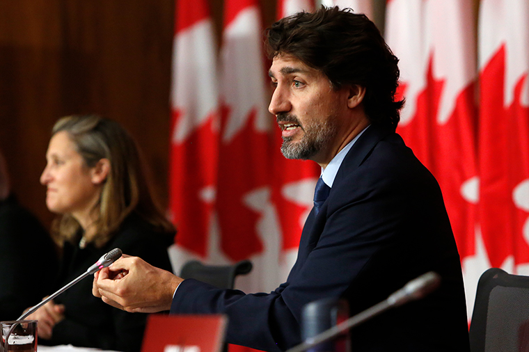 Justin Trudeau, Canada's prime minister, speaks during a news conference in Ottawa, Ontario, Canada, on Friday, October 9. Trudeau is set to announce support for businesses, as cases of Covid-19 surge in parts of the country. 