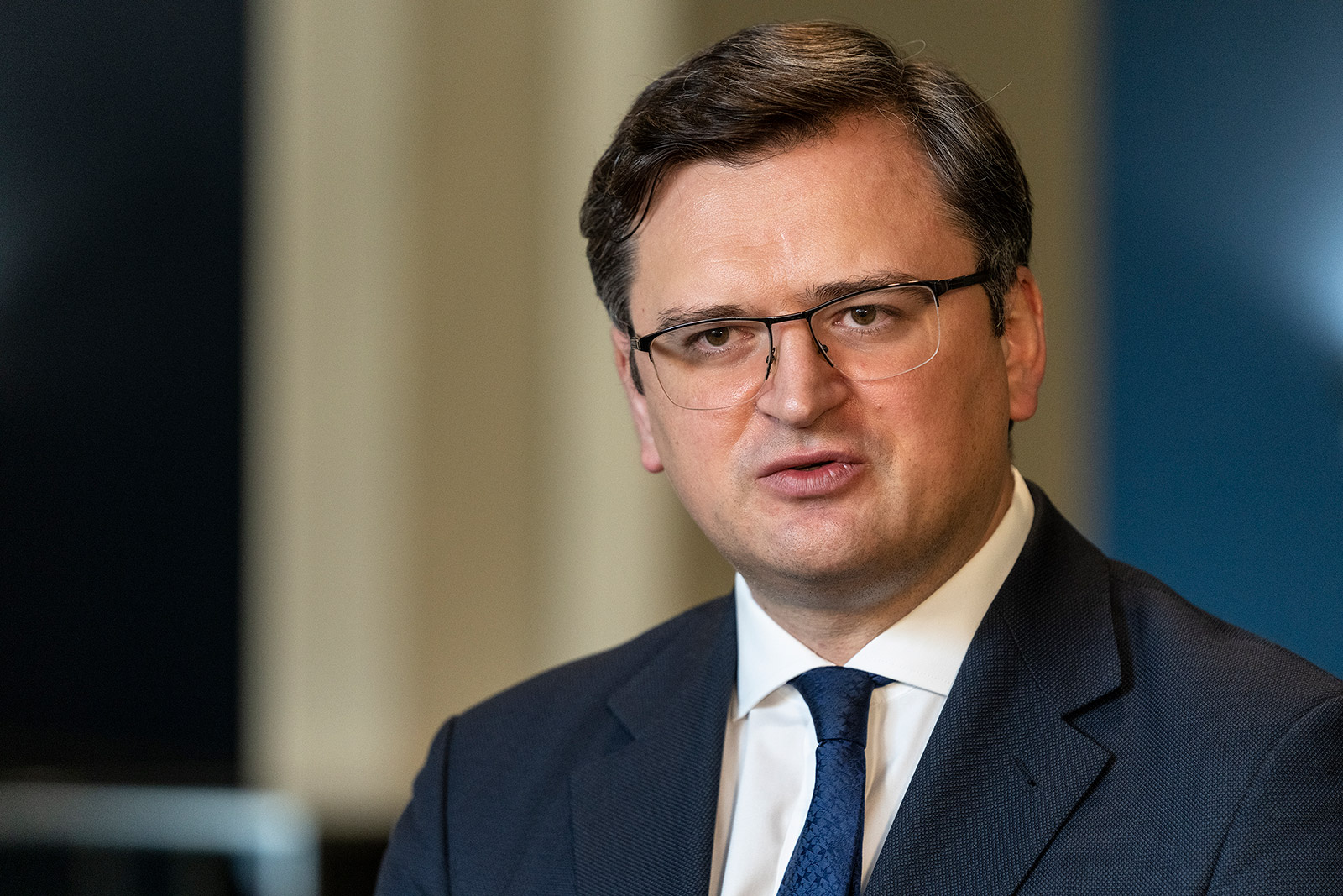 Ukrainian Foreign Minister Dmytro Kuleba briefs the media after a UN General Assembly meeting in New York on February 23.