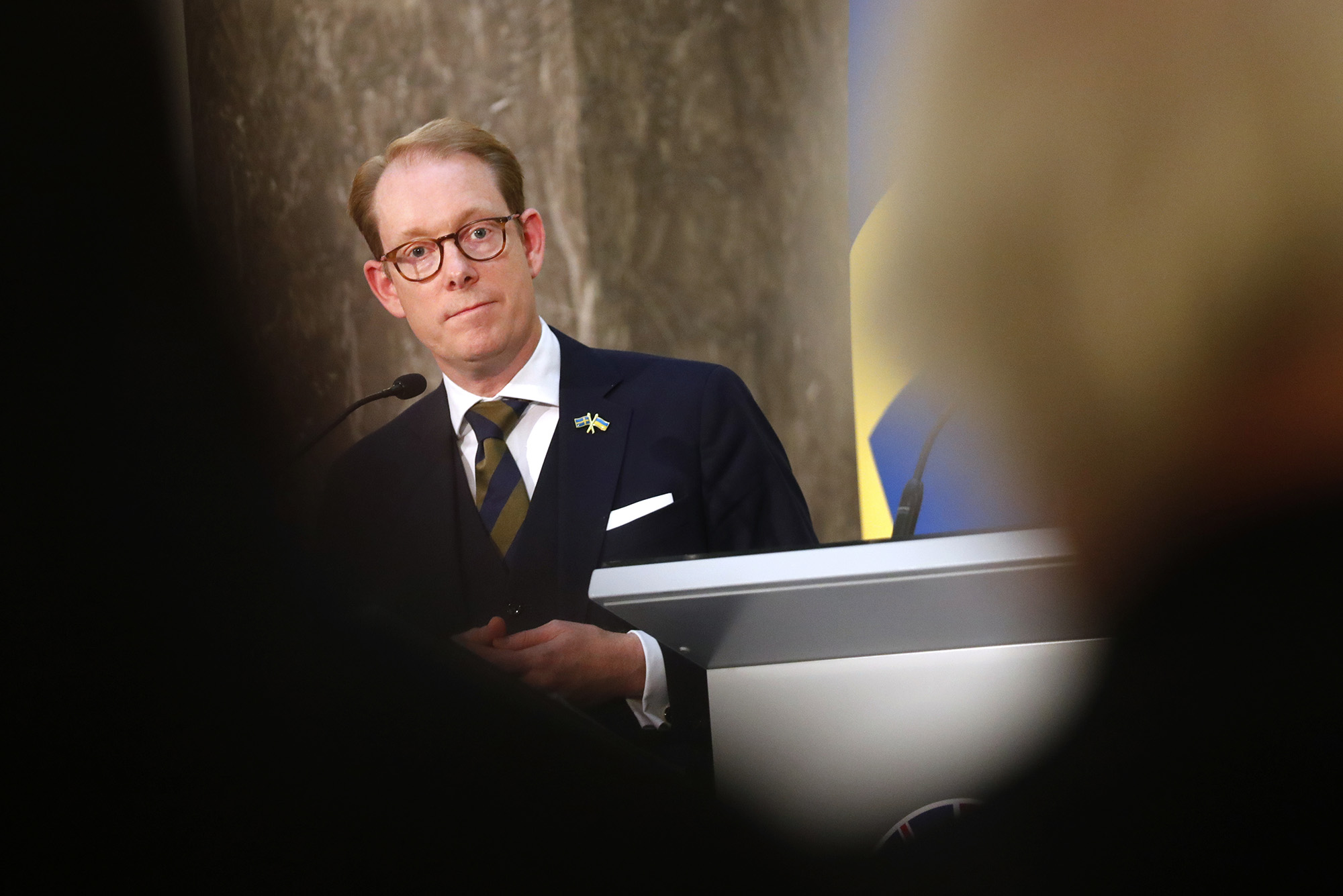 Sweden's Minister of Foreign Affairs Tobias Billstrom attends a press conference in Riga, Latvia, on September 7.