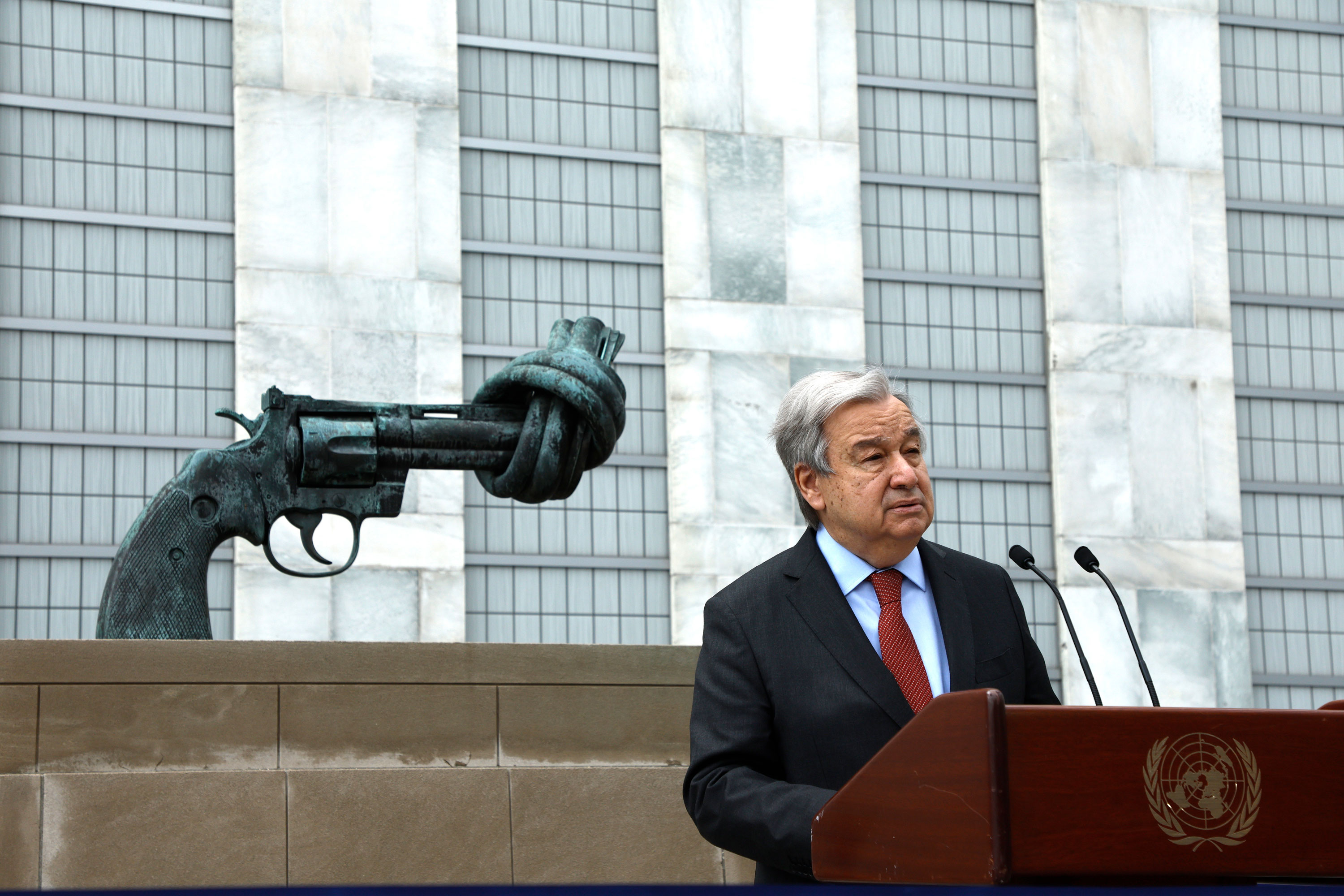 Antonio Guterres, United Nations Secretary-General, speaks to the press about the current situation in Ukraine at the United Nations Headquarters on April 19, 2022 in New York City. The Secretary General called for an immediate cease fire during the Holy Week and the opening of humanitarian pathways to freedom for Ukrainians.