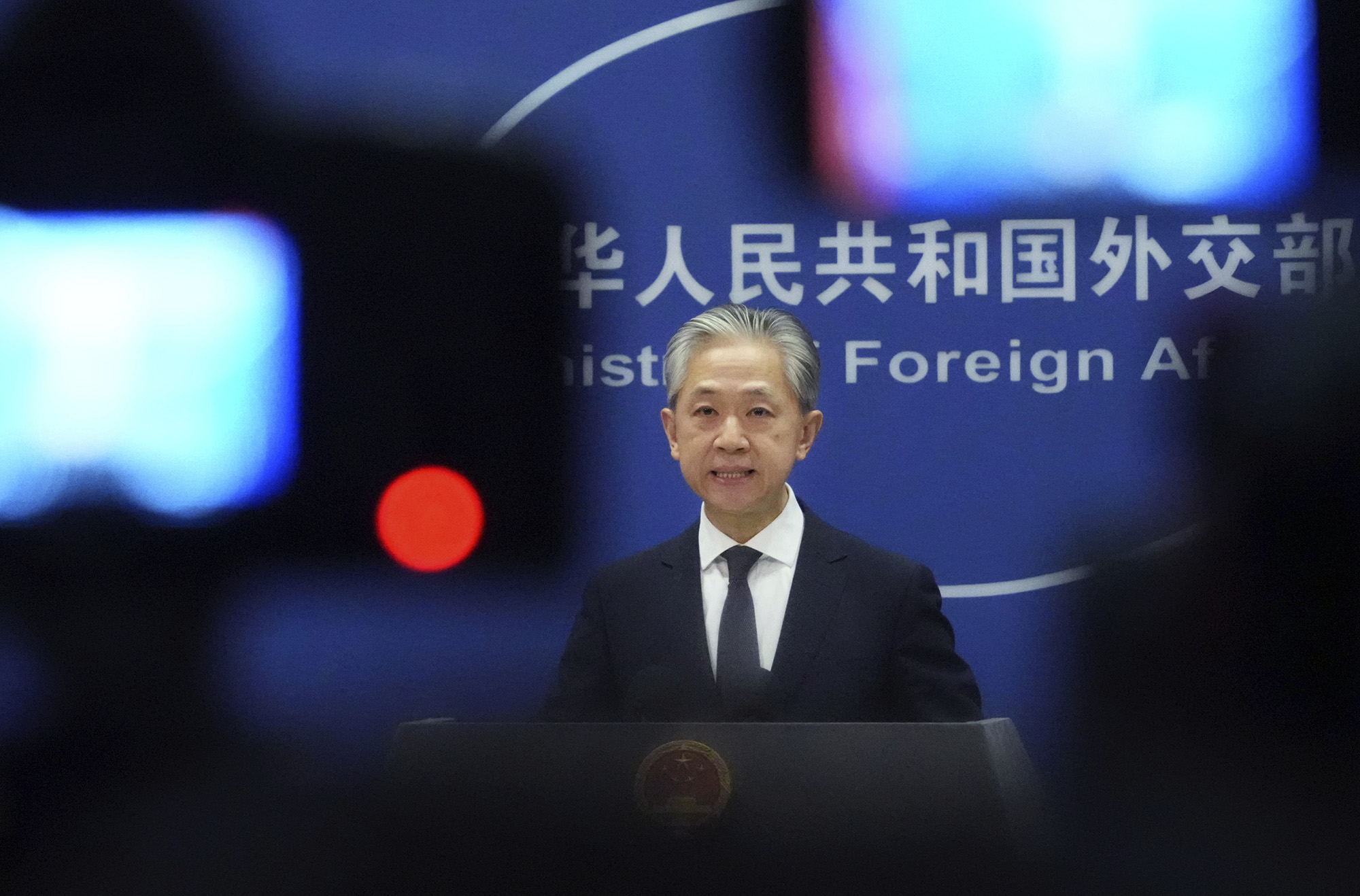 Chinese Foreign Ministry spokesperson Wang Wenbin attends a news conference in Beijing on February 21.