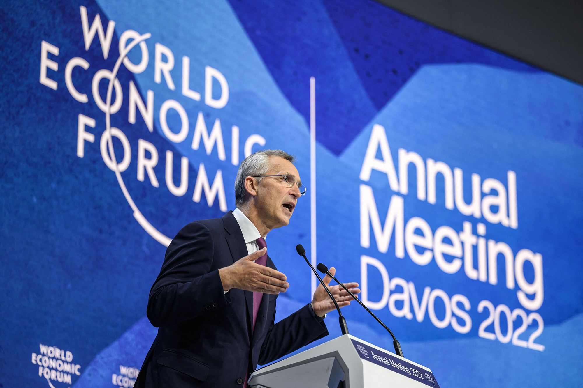 NATO secretary general Jens Stoltenberg addresses the assembly during the World Economic Forum (WEF) annual meeting in Davos, Switzerland, on May 24.