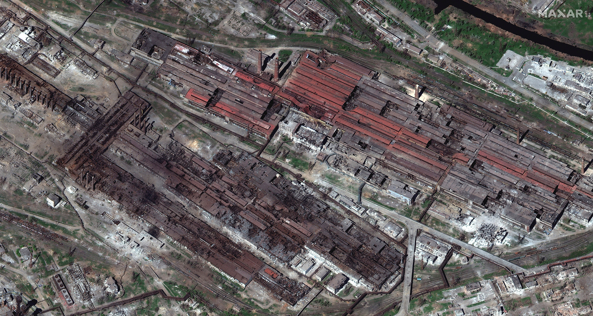 A satellite image shows an overview of the destruction at the Azovstal steel plant in Mariupol, Ukraine, on April 29.