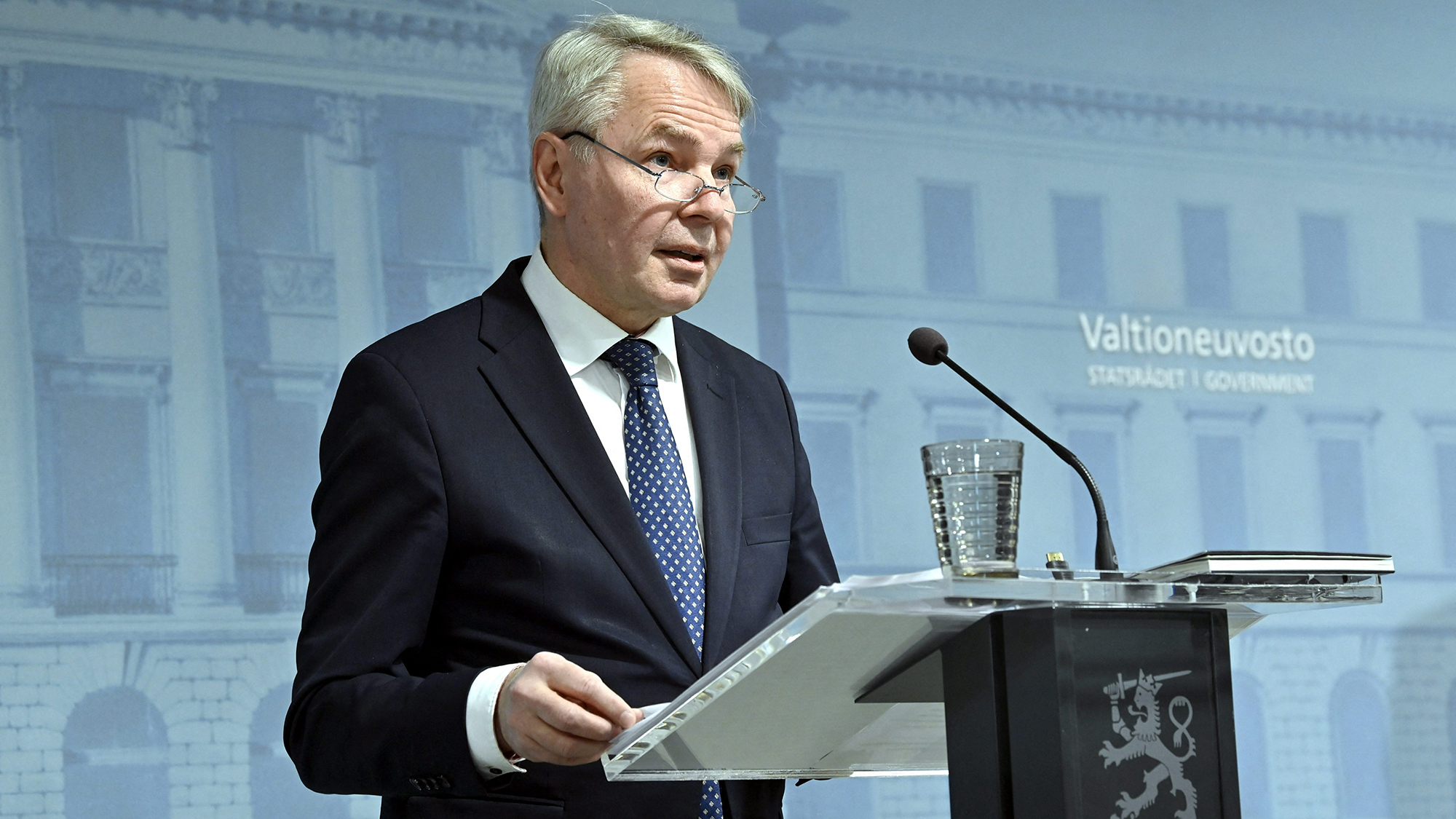 Finnish Foreign Minister Pekka Haavisto speaks during a press conference on April 13 in Helsinki, Finland. 