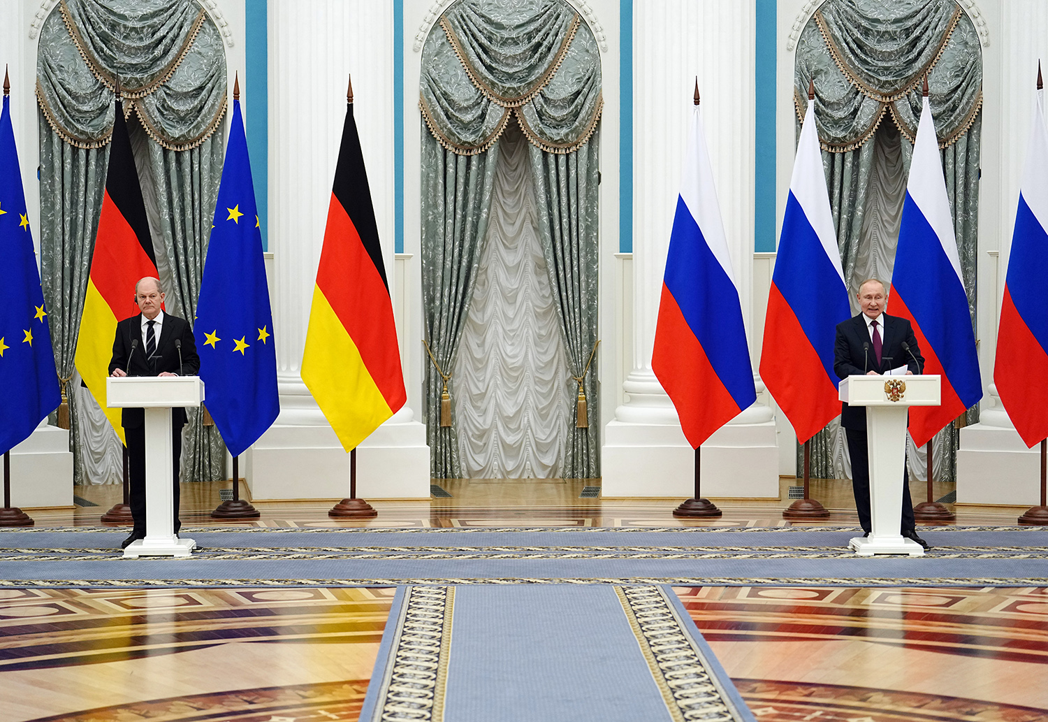 German Chancellor Olaf Scholz (L) and Russian President Vladimir Putin give a joint press conference after a one-on-one meeting in Moscow, Russia, on February 15.