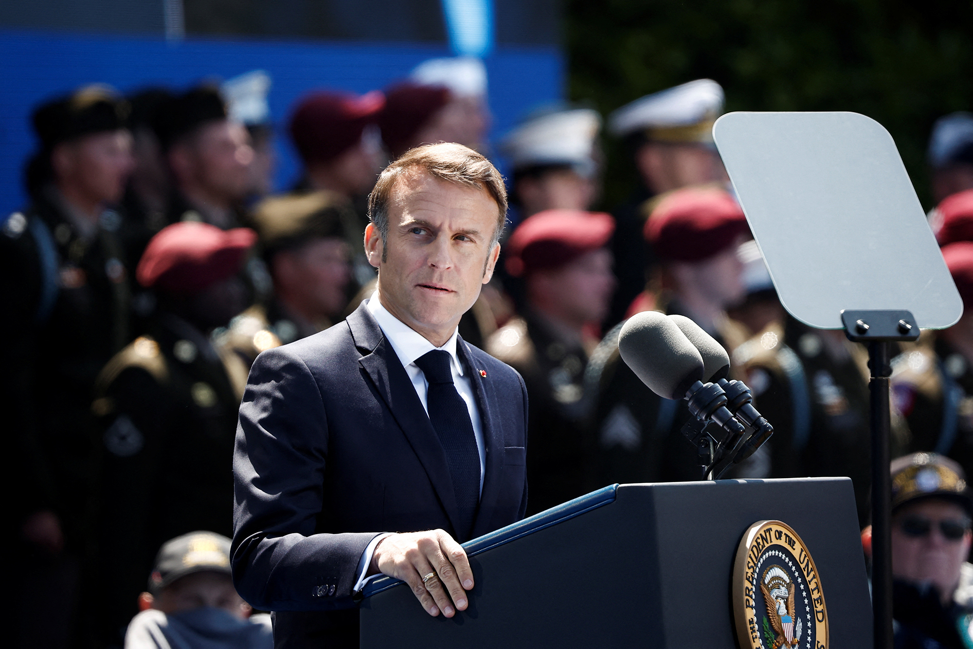 French President Emmanuel Macron delivers a speeach during a ceremony to mark the 80th anniversary of D-Day at the Normandy American Cemetery and Memorial in Colleville-sur-Mer, France, on June 6.