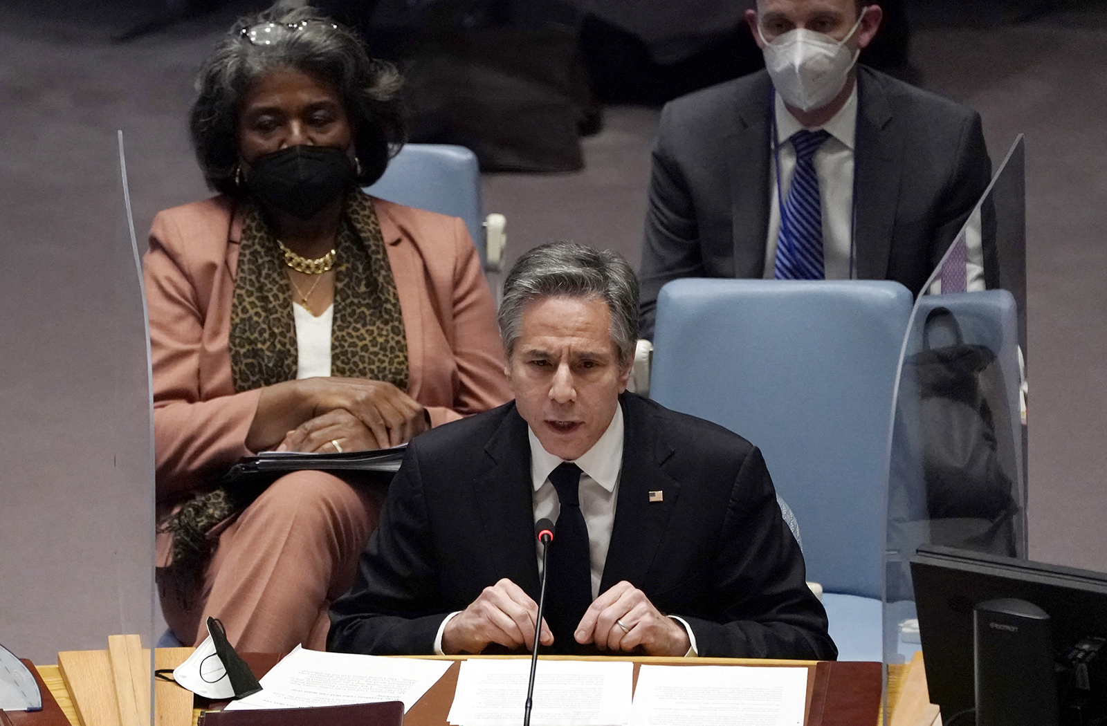 US Secretary of State Antony Blinken, with US Ambassador to the UN Linda Thomas-Greenfield, left, during a UN Security Council meeting on Ukraine, on February 17, in New York. 