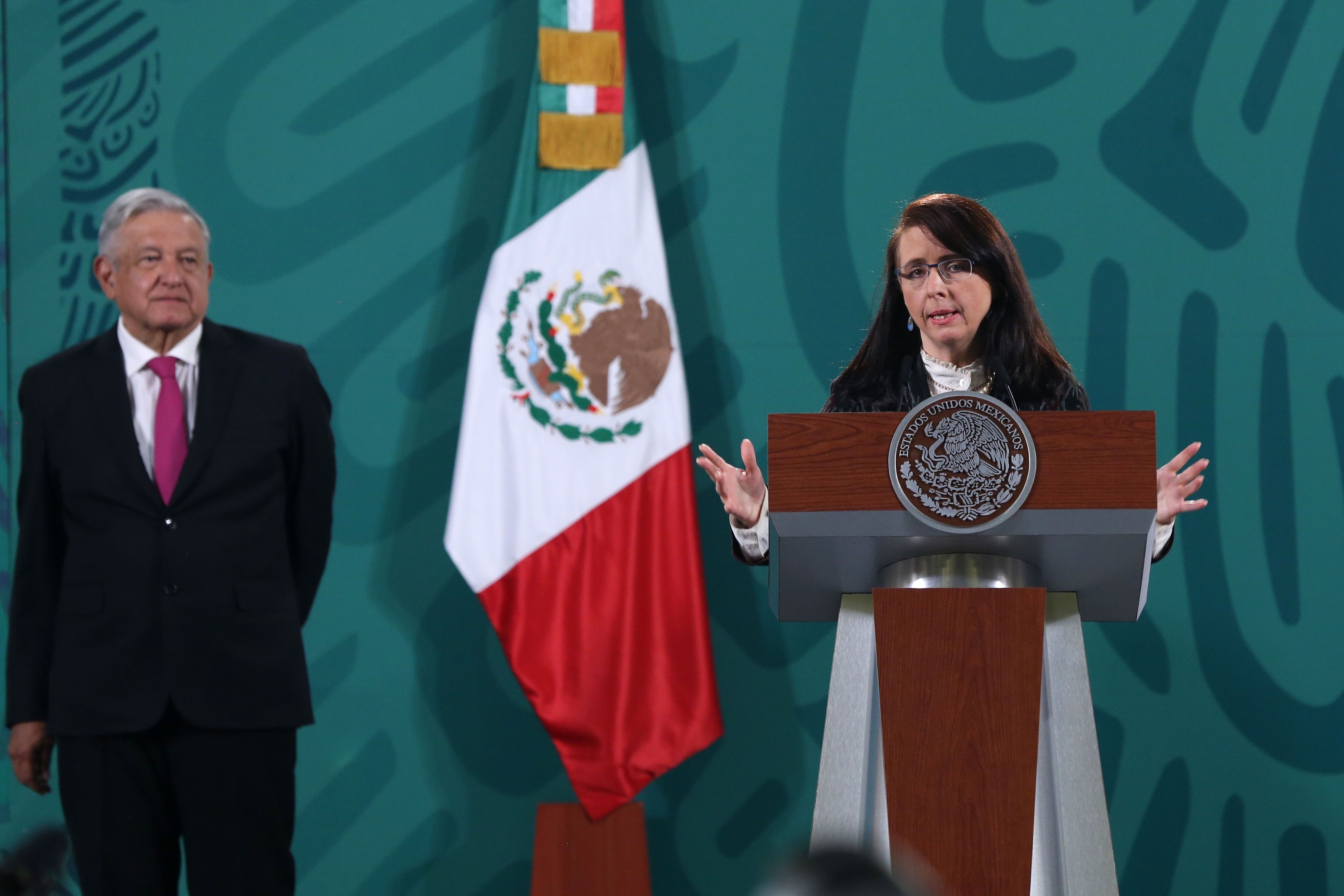 María Elena Álvarez-Buylla, director of the National Council of Science and Technology (Conacyt), speaks at a press conference in Mexico City on April 13.