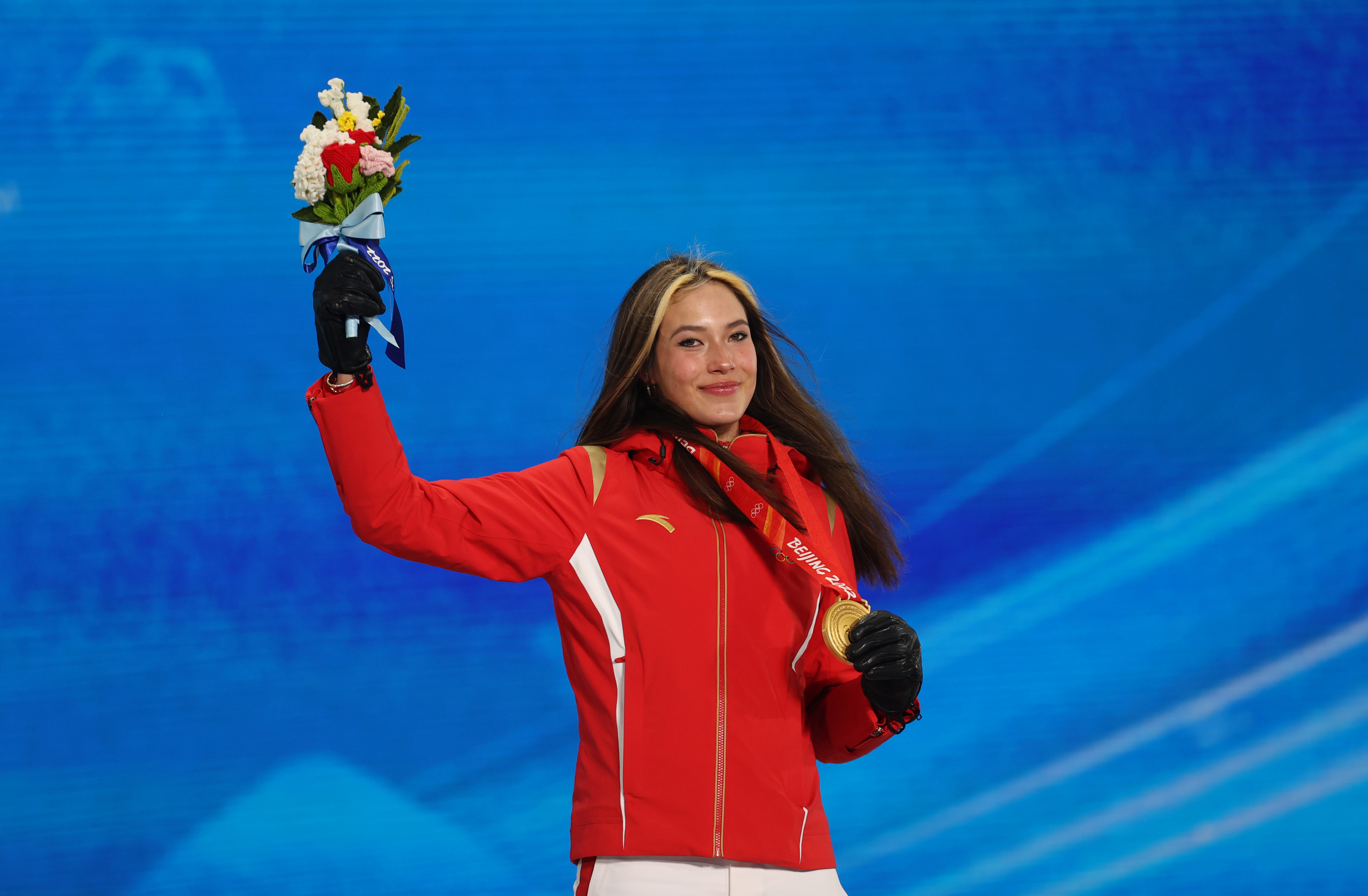Gold medallist Eileen Gu after receiving her medal for the women's freeski halfpipe on Friday in Beijing. 