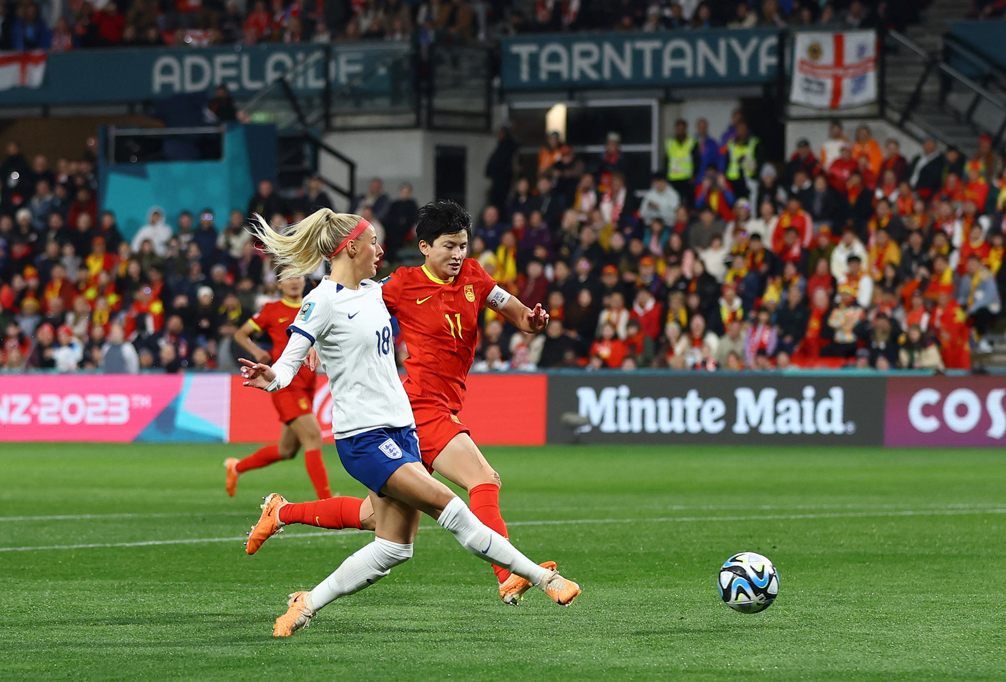 England's Chloe Kelly scores their fifth goal.