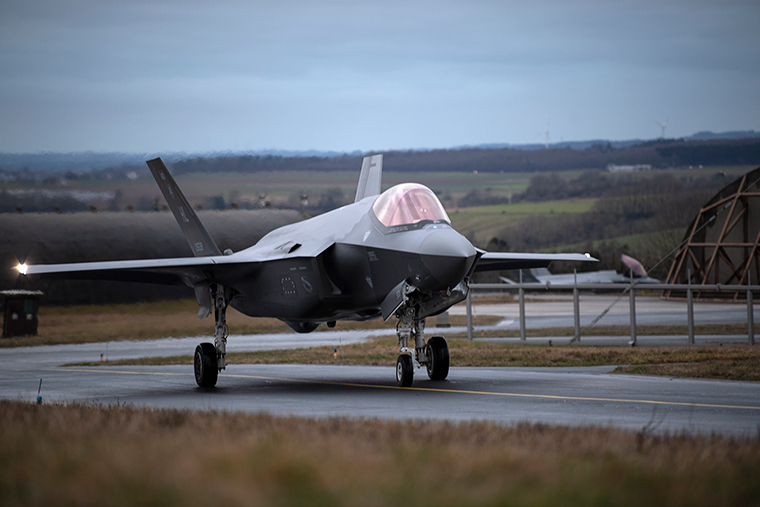A U.S. Air Force F-35A Lightning II from the 34th Fighter Squadron at Hill Air Force Base, Utah, taxis to an aircraft shelter on Spangdahlem Air Base, Germany,on February 16. 