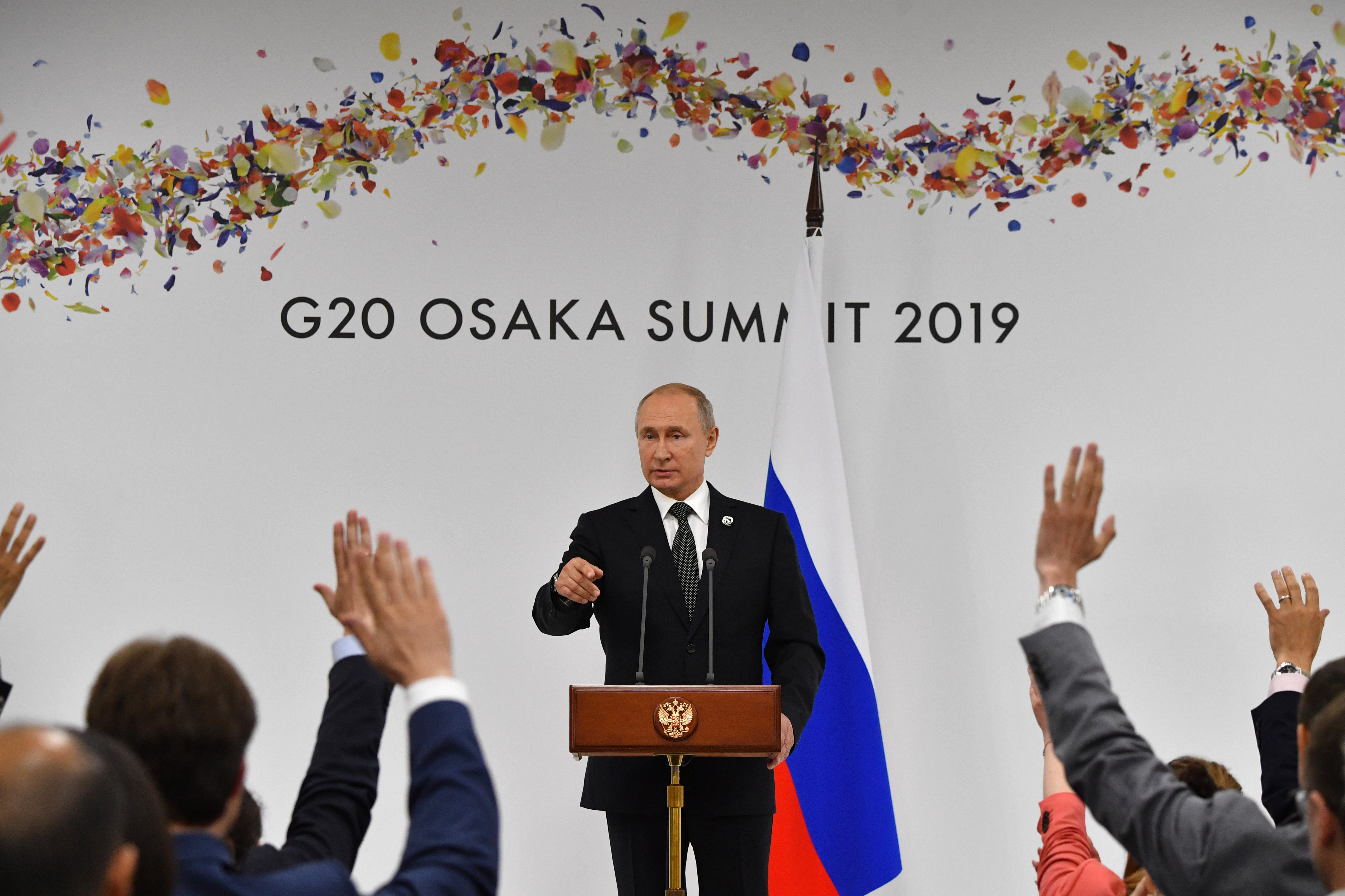 Russian President Vladimir Putin during his news conference on the sidelines of the G20 summit in Osaka.
