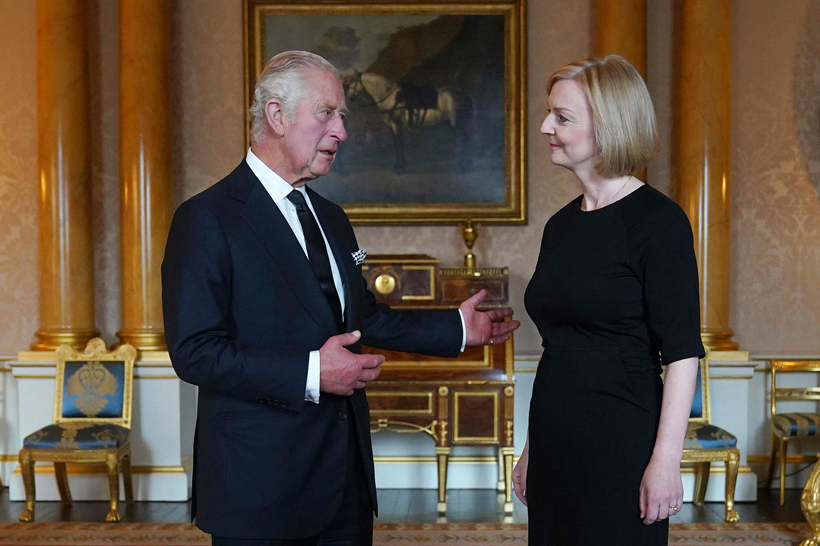 King Charles III during his first audience with Prime Minister Liz Truss at Buckingham Palace on Friday, September 9.