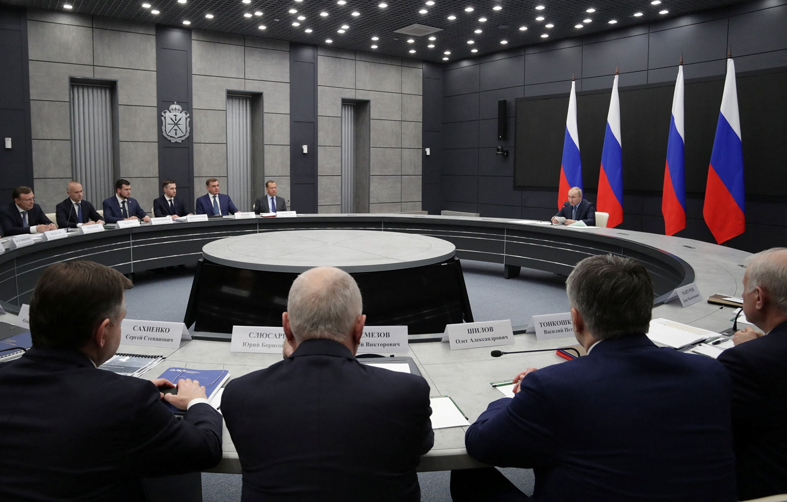 Putin meets with business leaders of the military industrial complex in Tula, Russia, on Friday. 