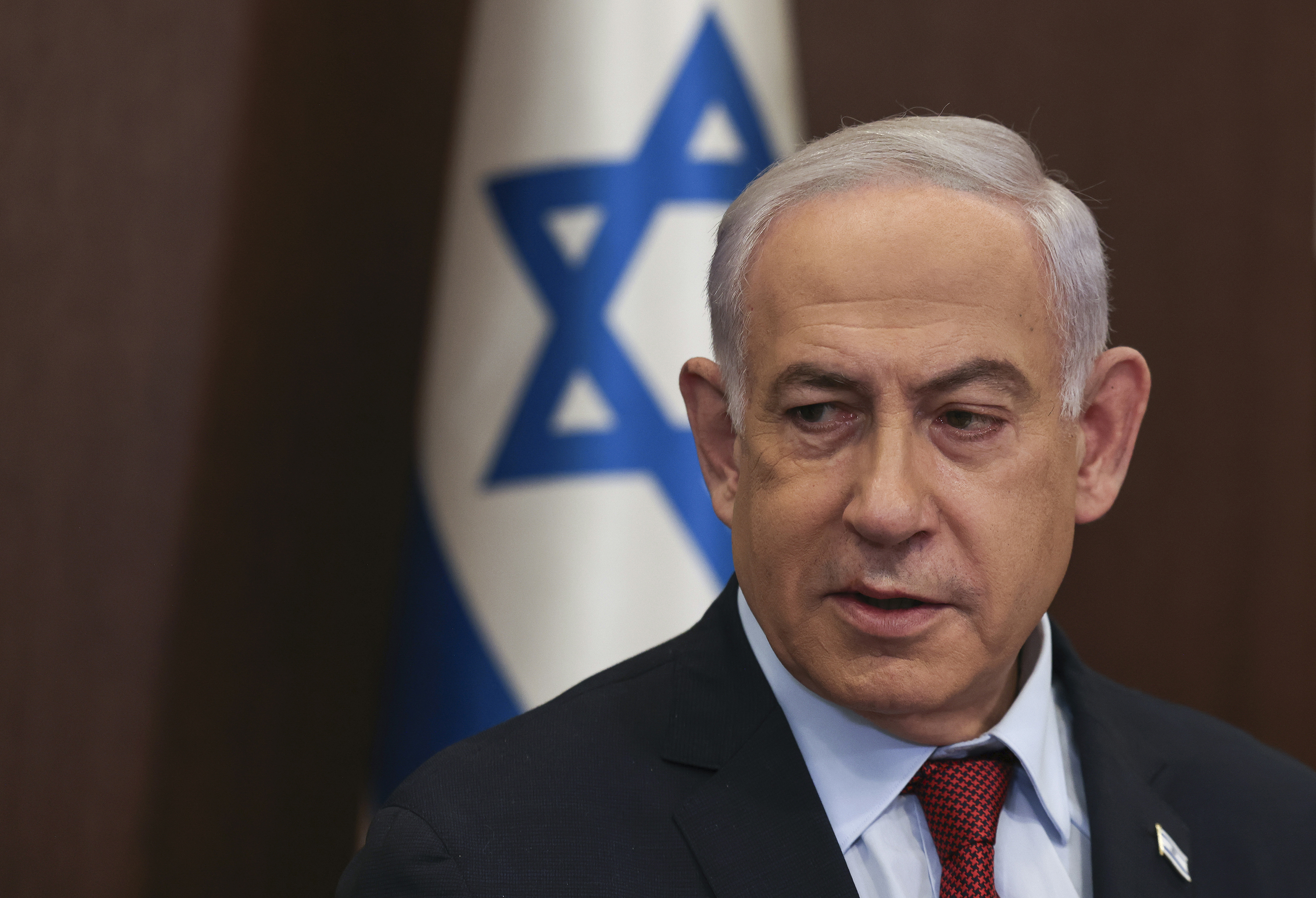 Israeli Prime Minister Benjamin Netanyahu attends the weekly cabinet meeting at the Prime Minister's office in Jerusalem, on December 10, 2023.