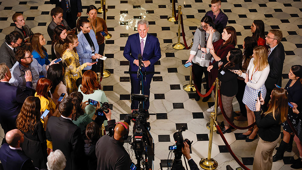 McCarthy speaks to the media on April 26, after the US House voted and passed a bill raising the nation's debt ceiling. 