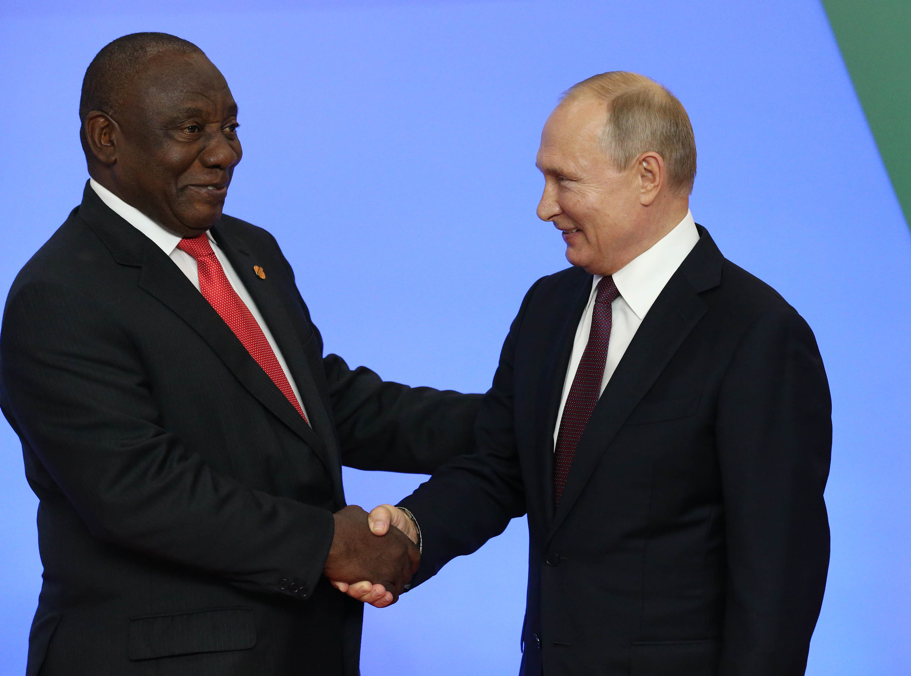 South African President Cyril Ramaphosa and Russian President Vladimir Putin are pictured during the Russia-Africa Summit in Sochi, Russia, in October 2019. 