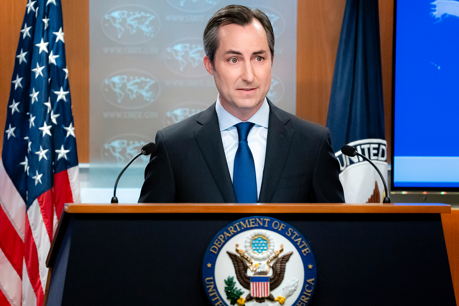 Matthew Miller attends a news briefing at the State Department in Washington on July 18.