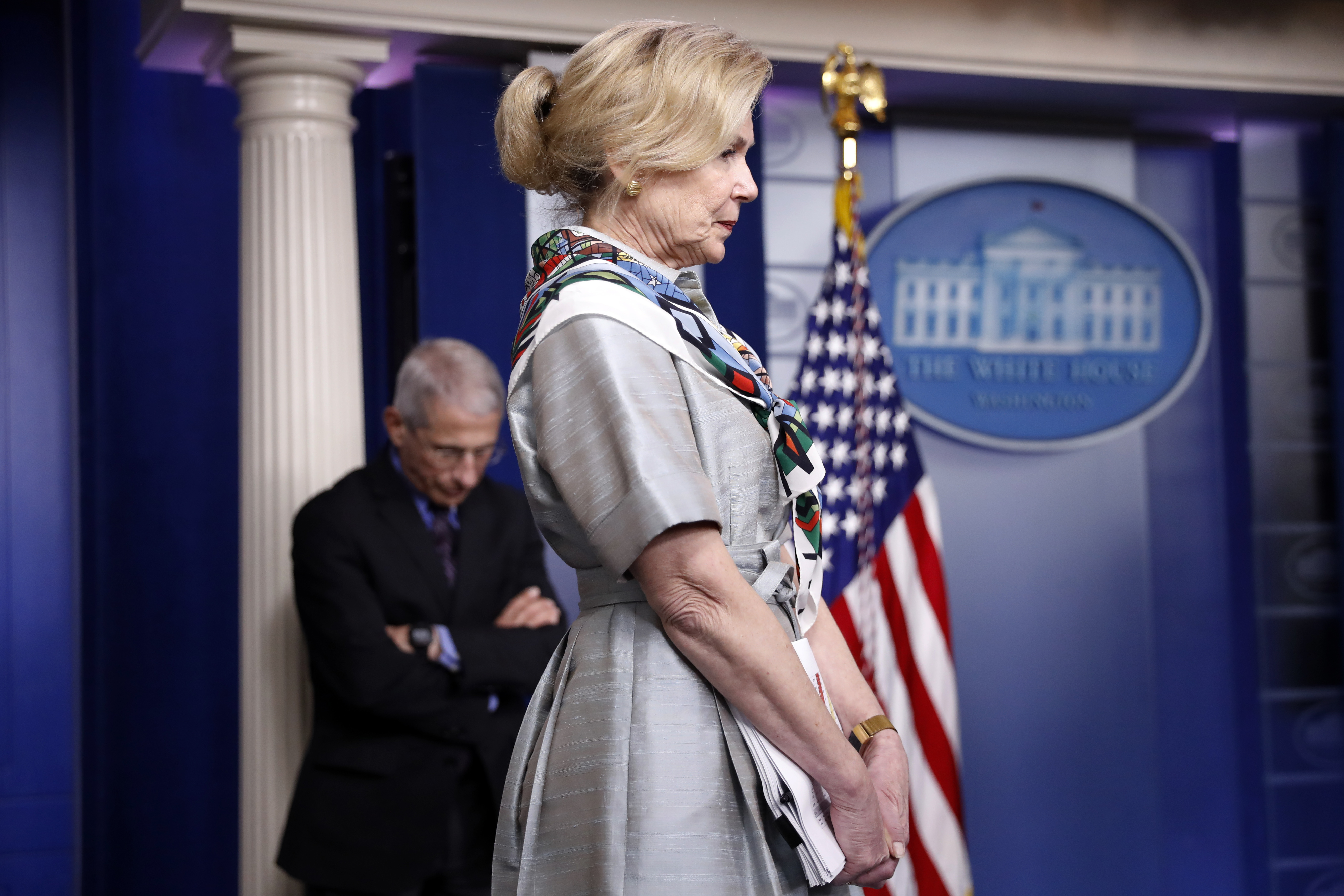 Dr. Deborah Birx, White House coronavirus response coordinator, and Dr. Anthony Fauci, director of the National Institute of Allergy and Infectious Diseases, listen during a coronavirus briefing at the White House on April 9.