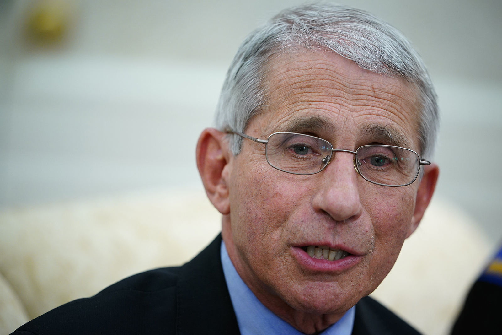 Dr. Anthony Fauci, director of the National Institute of Allergy and Infectious Diseases speaks during a meeting in the Oval Office of the White House in Washington, DC on April 29.