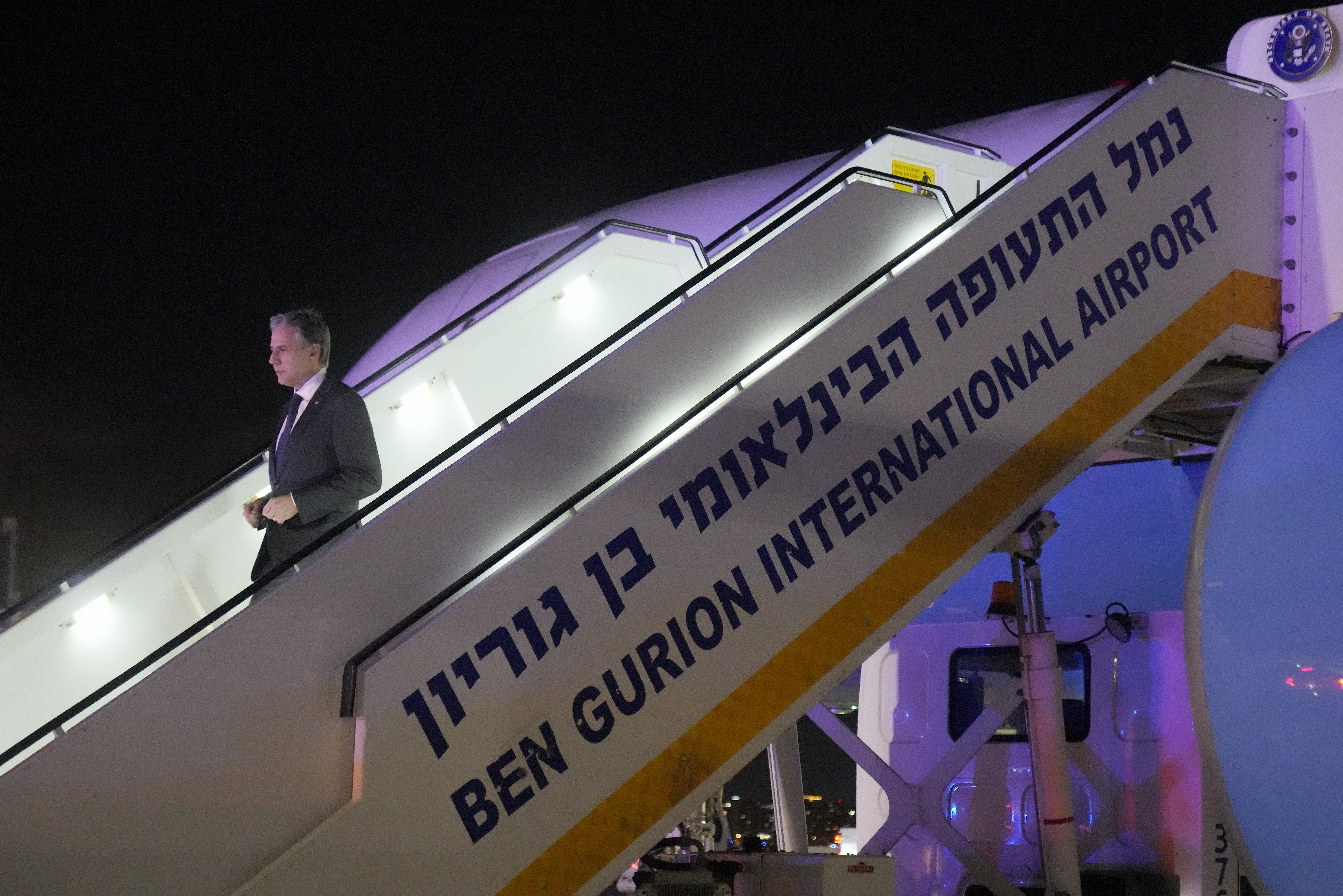 US Secretary of State Antony Blinken arrives at Ben Gurion International Airport in Tel Aviv, Israel, on February 6.
