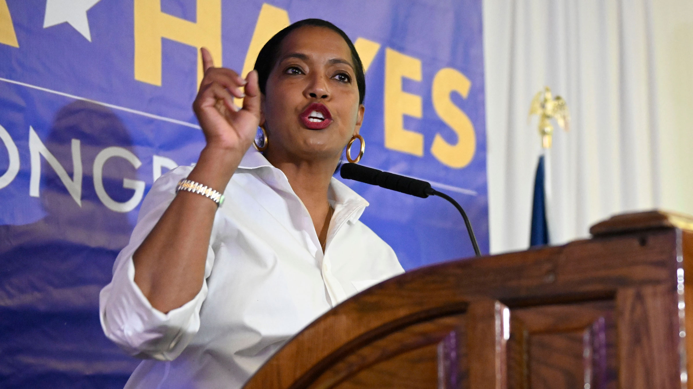 US Rep. Jahana Hayes speaks to supporters at her election night event in Waterbury, Connecticut.