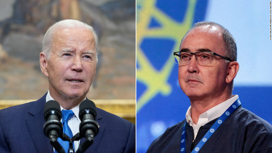 Left: President Joe Biden speaking about the auto workers strike from the Roosevelt Room of the White House in Washington on Sept. 15. Right: UAW President Shawn Fain at the 2023 Special Elections Collective Bargaining Convention in Detroit, Michigan, on March 27.