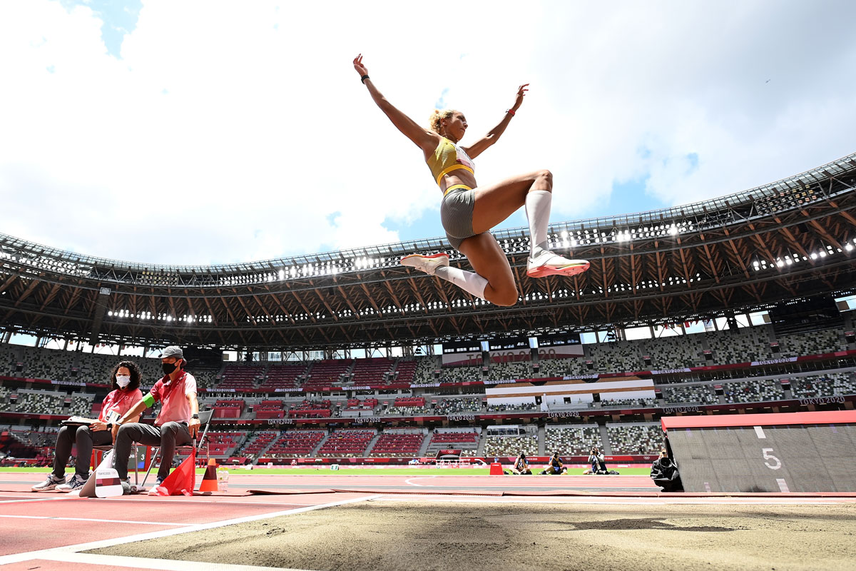 L'Allemande Malaika Mihambo participe à la finale du saut en longueur le 3 août.