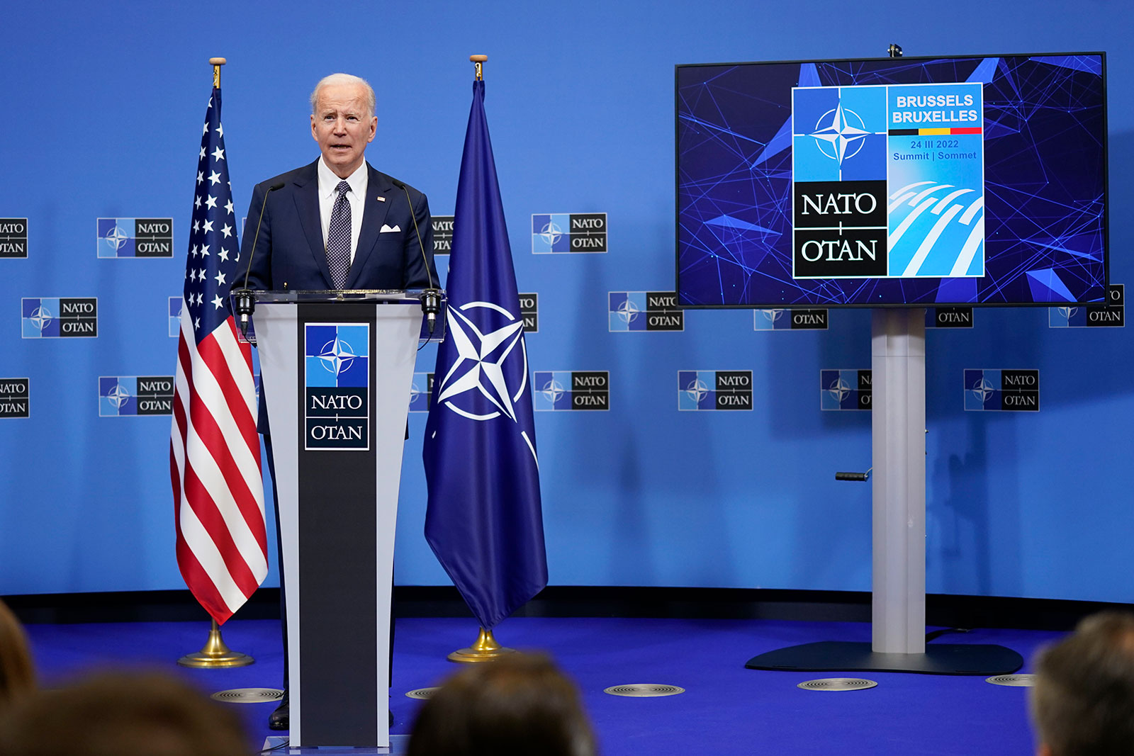 US President Joe Biden speaks about the Russian invasion of Ukraine during a news conference after a NATO summit and Group of Seven meeting at NATO headquarters in Brussels on Thursday.