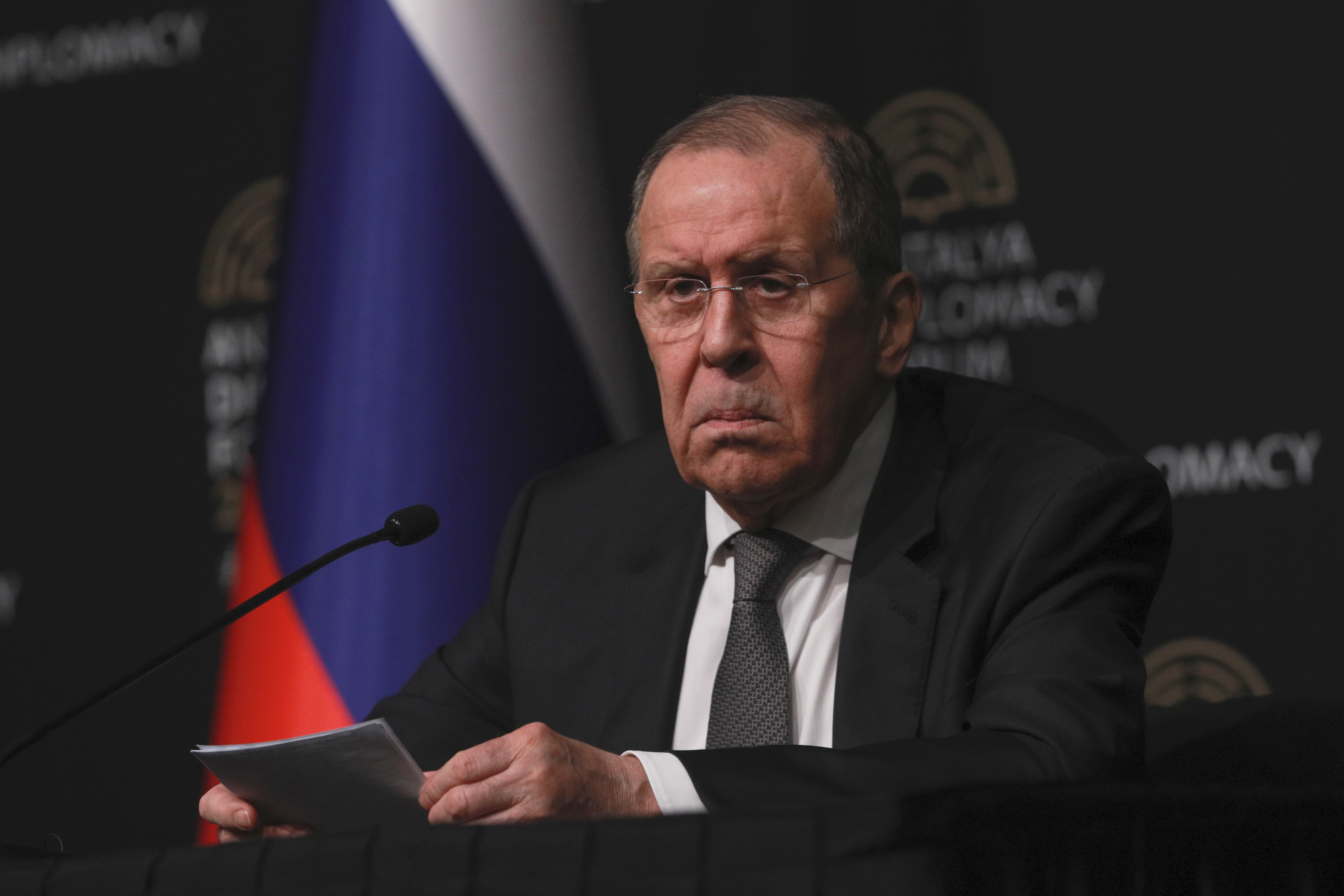 Russia's Foreign Minister Sergey Lavrov talks to journalists during a news conference following a tripartite meeting with the Turkish and Ukraine Foreign Ministers in Antalya, Turkey, on March 10.
