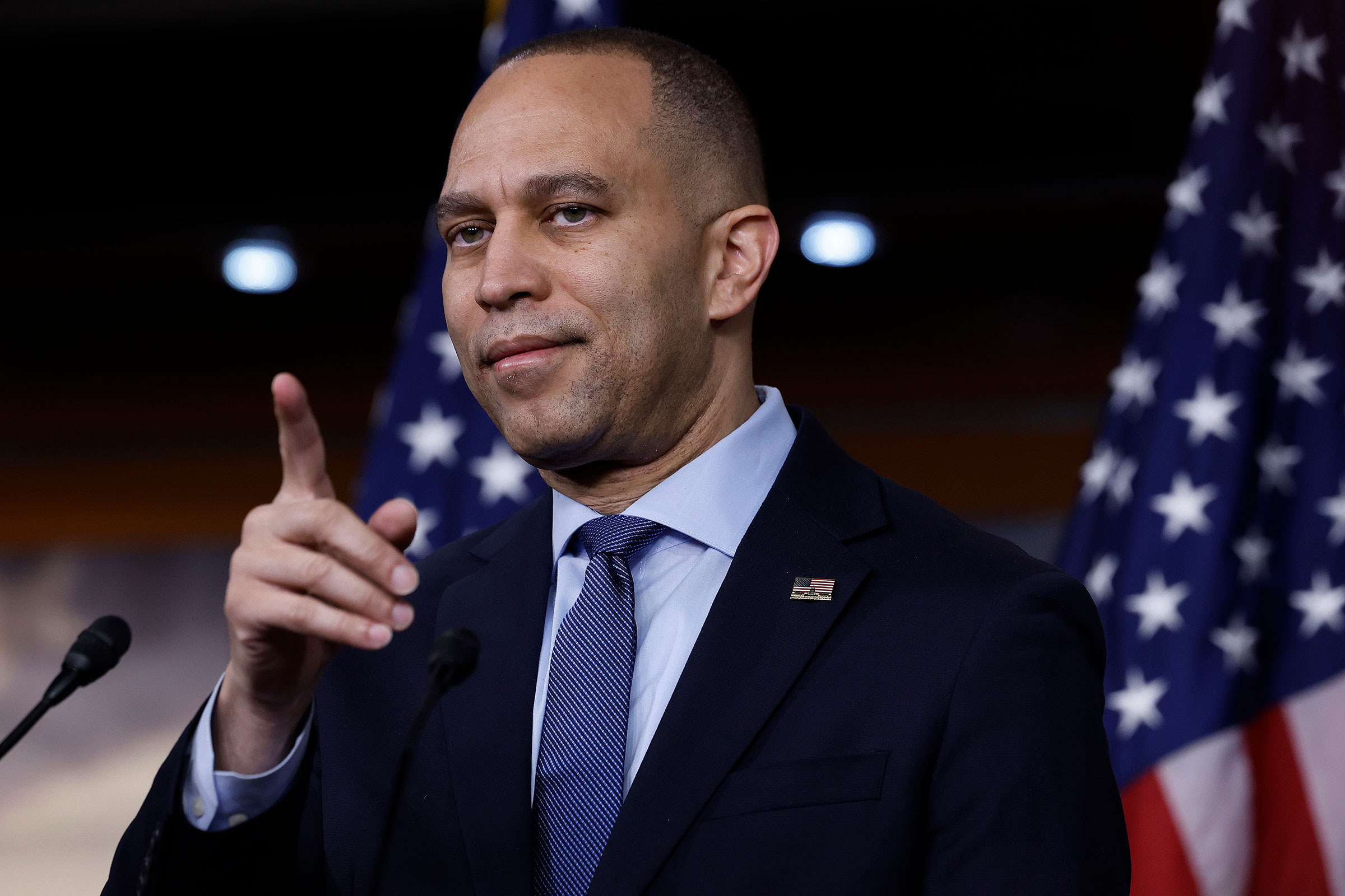 House Minority Leader Hakeem Jeffries talks to reporters during a news conference on February 7. 