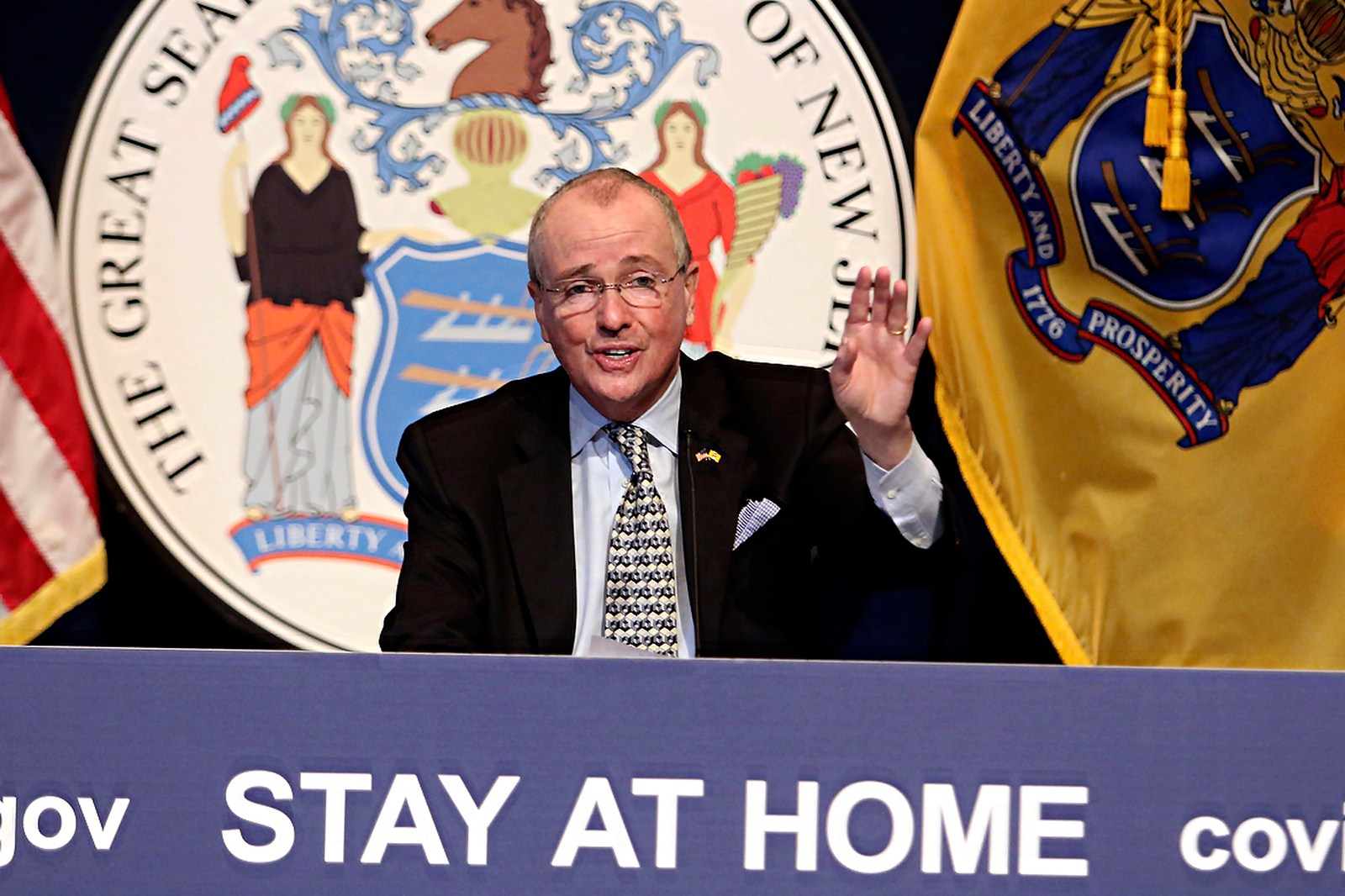 New Jersey Gov. Phil Murphy updates the state on the coronavirus pandemic during a press conference at the War Memorial in Trenton, New Jersey on April 24.