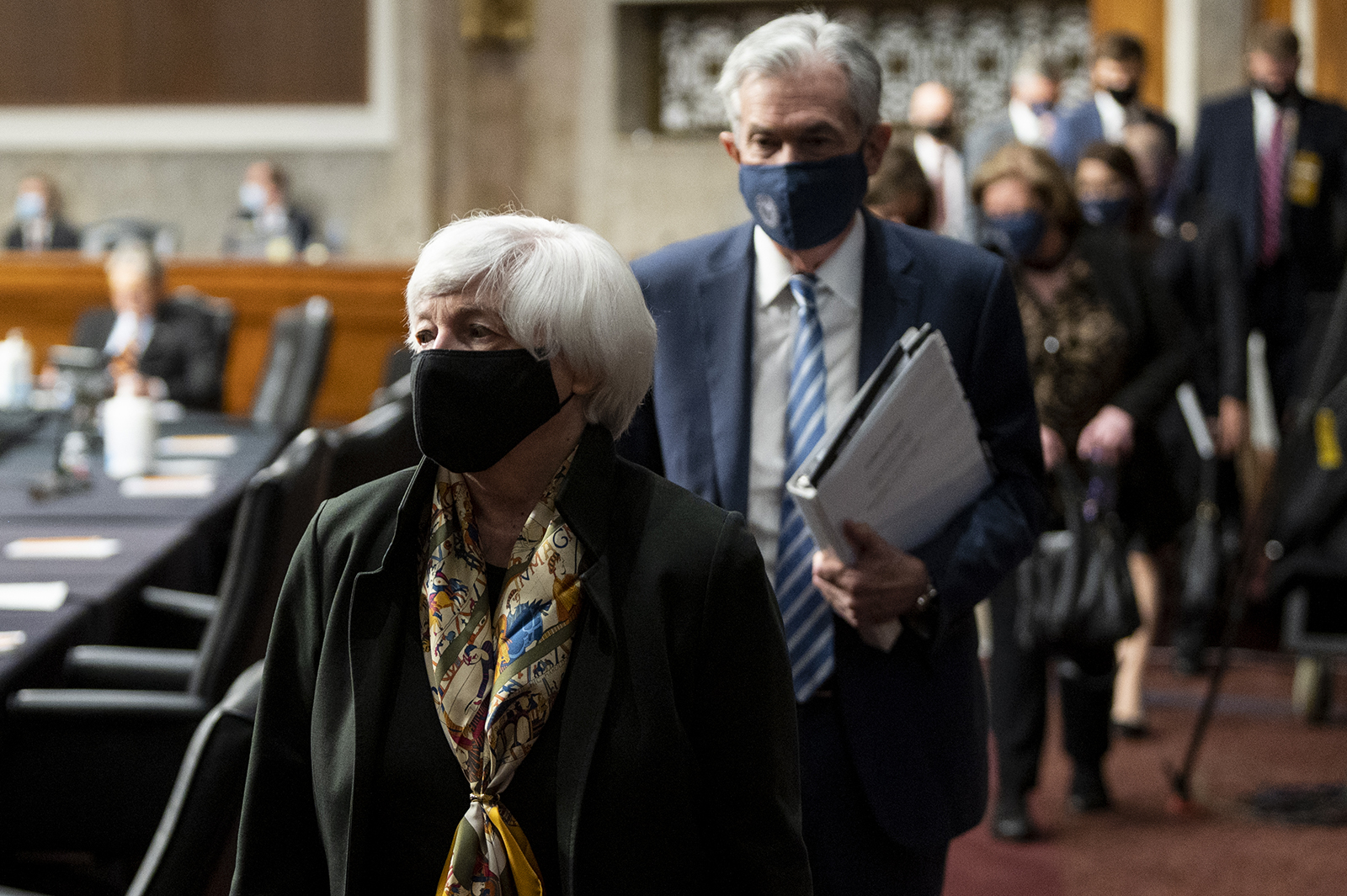 Treasury Secretary Janet Yellen and Federal reserve chairman Jerome Powell as they arrived to testify during the Senate Banking Committee hearing on the CARES Act Oversight of Treasury and the Federal Reserve: Building a Resilient Economy on Tuesday, Nov. 30, 2021. 