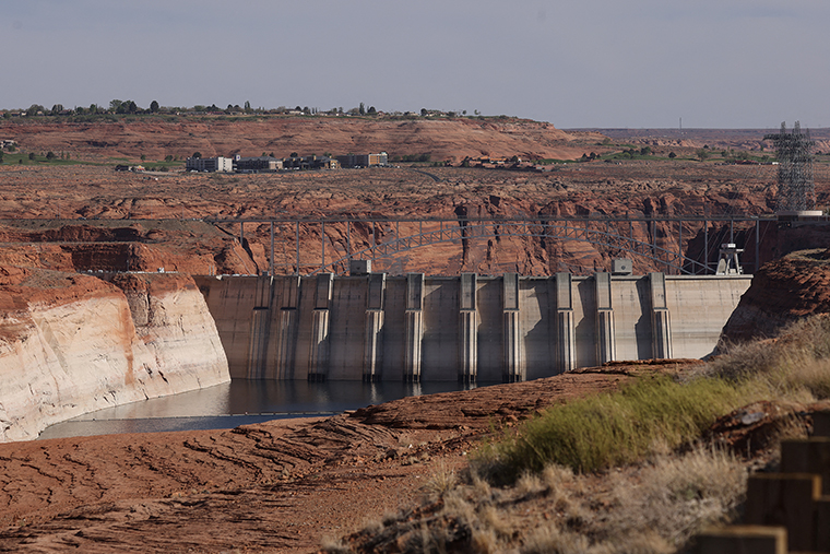 Glen Canyon Dam is seen from the Glen Canyon National Recreation Area, where water levels of Lake Powell have declined dramatically, in Page, Arizona, on April 18. 