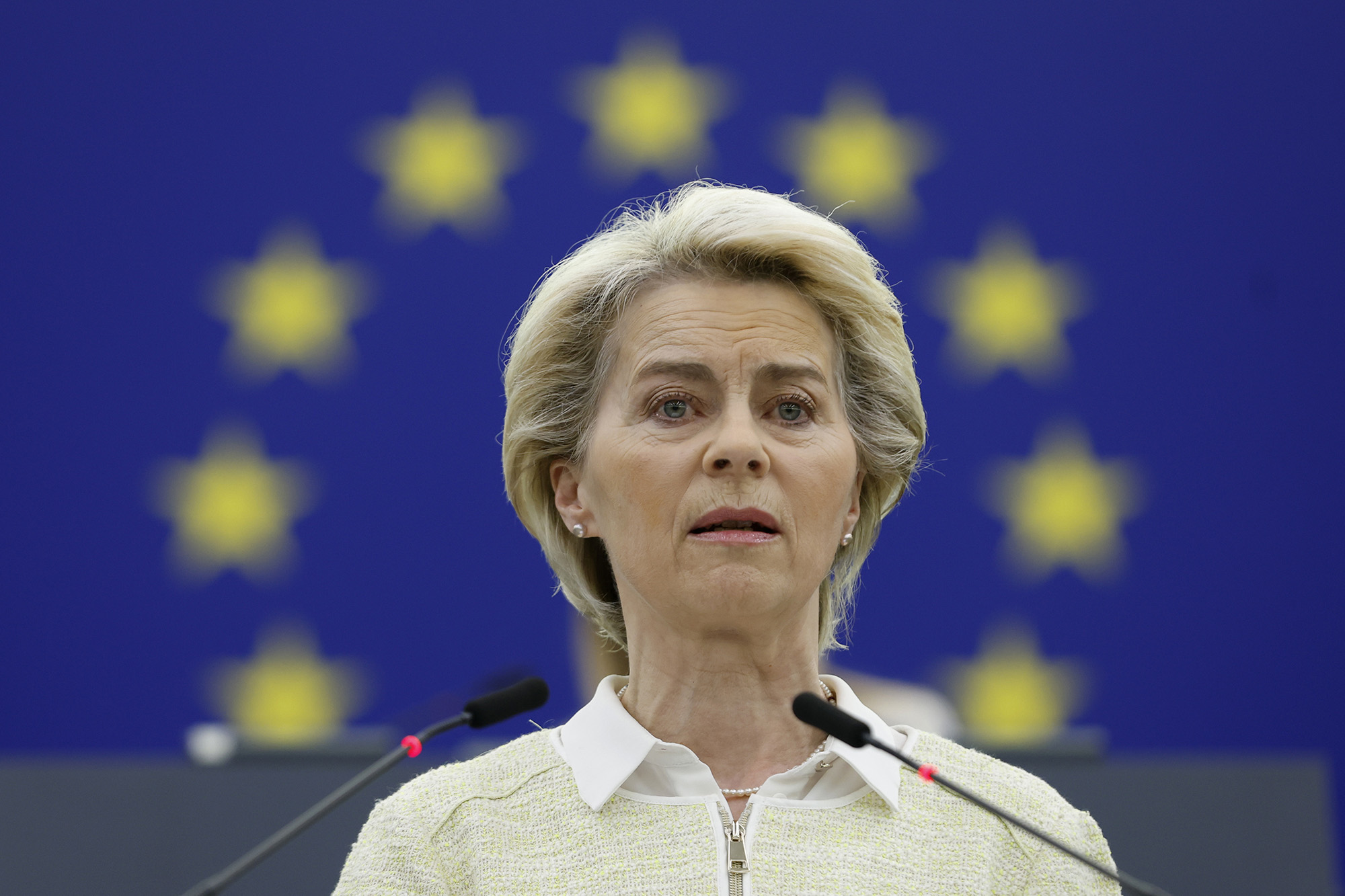 European Commission President Ursula von der Leyen delivers her speech during a debate on the social and economic consequences for the EU of the Russian war in Ukraine, on May 4, at the European Parliament in Strasbourg, France. The European Union's leader on Wednesday called on the 27-nation bloc to ban oil imports from Russia in a sixth package of sanctions targeting Moscow for its war in Ukraine. 