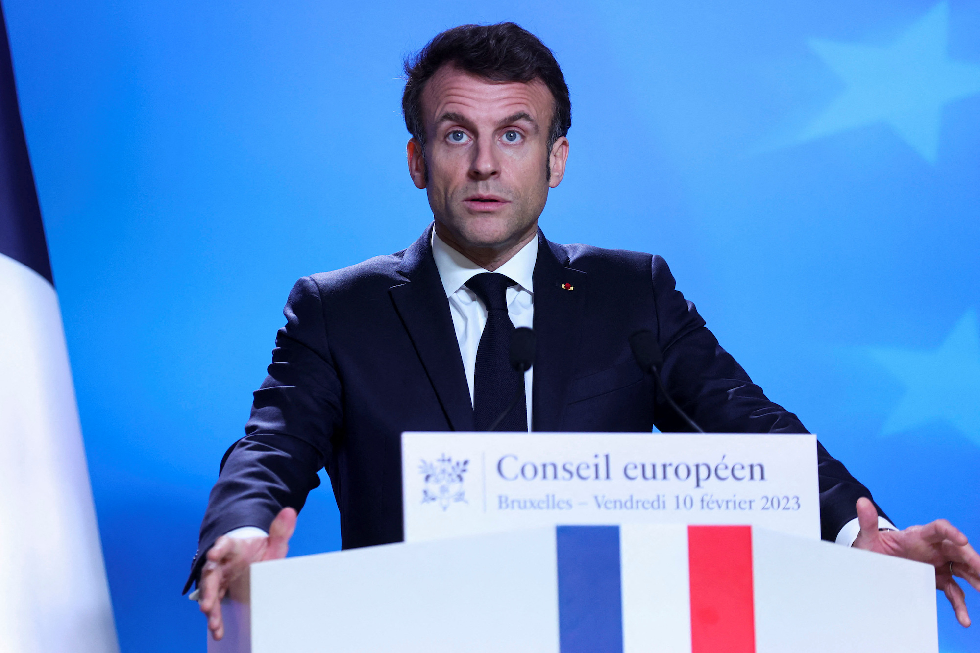 French President Emmanuel Macron attends a press conference at the European leaders summit in Brussels on Thursday.