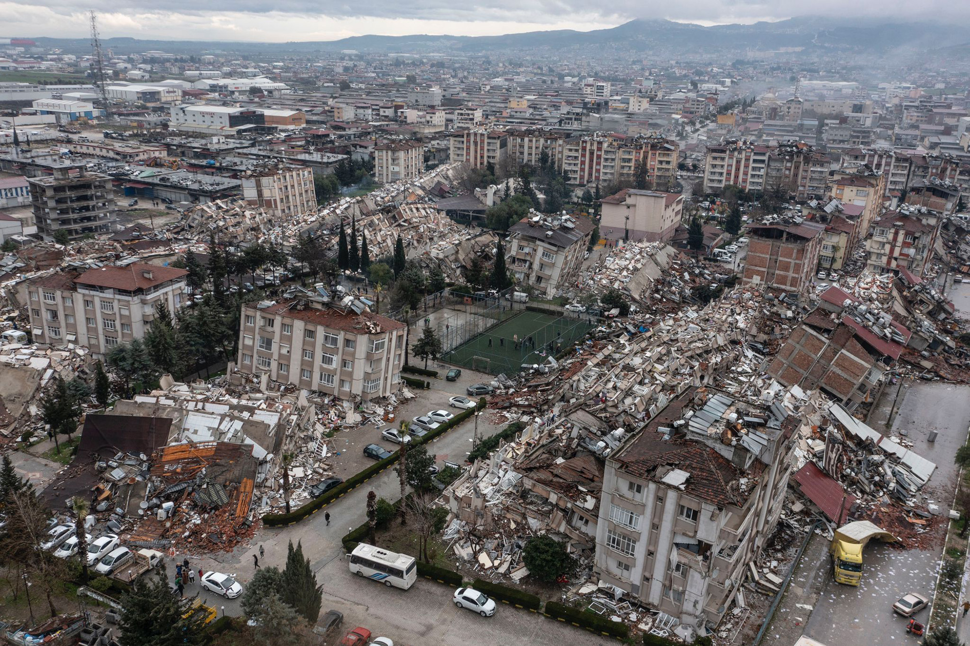 An aerial view over Hatay, Turkey, on February 6, showing the devastation caused by the earthquake.