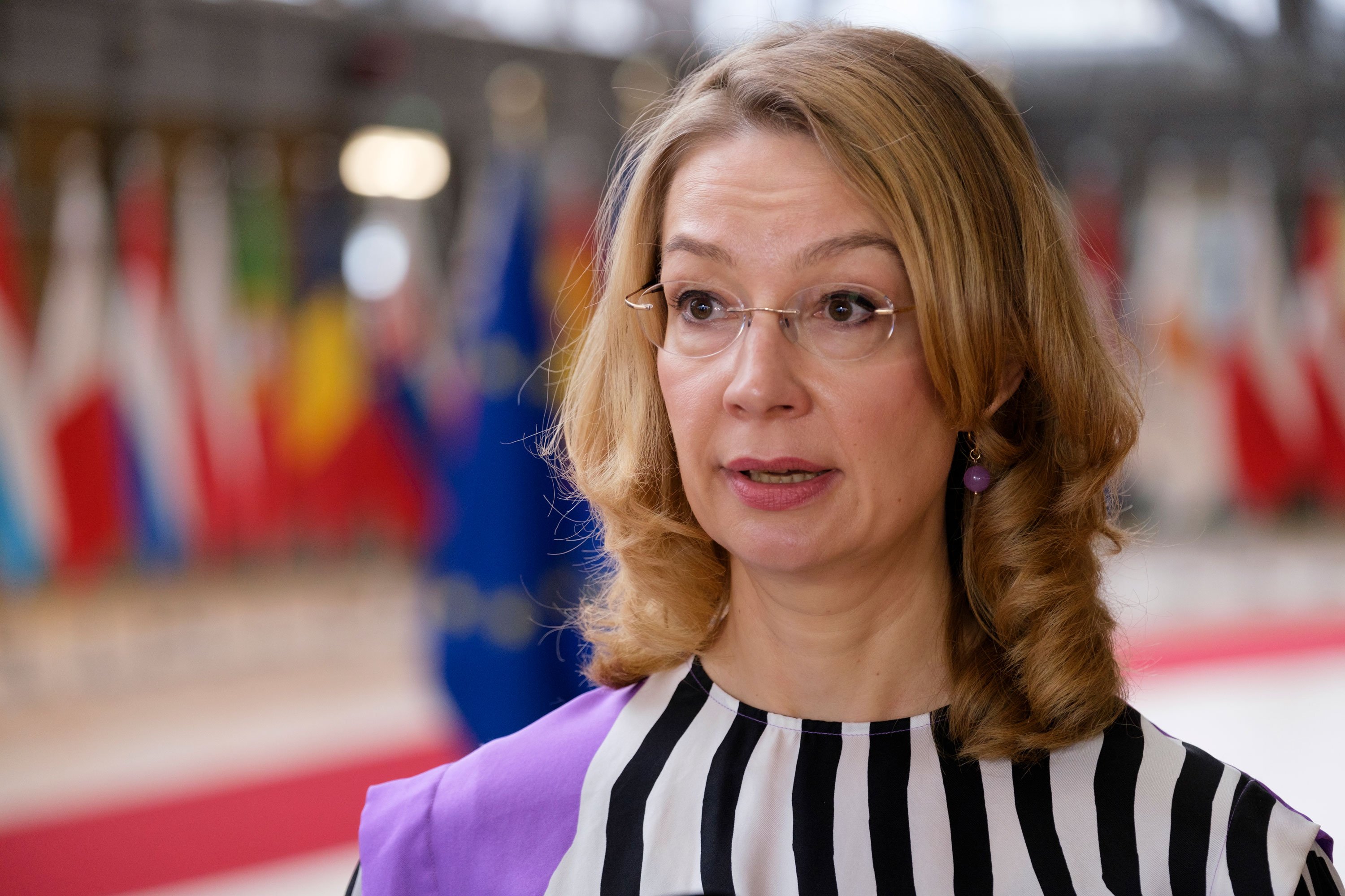 Finnish Minister of European Affairs and Ownership Steering, Tytti Tuppurainen, talks to media prior to an EU General Affairs Council in Brussels, Belgium, on February 22.